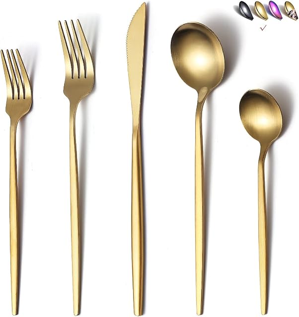 Stainless Steel Golden Flatware Set, Titanium Plated Cutlery - 20 Piece Matte Gold Utensil Set for 4