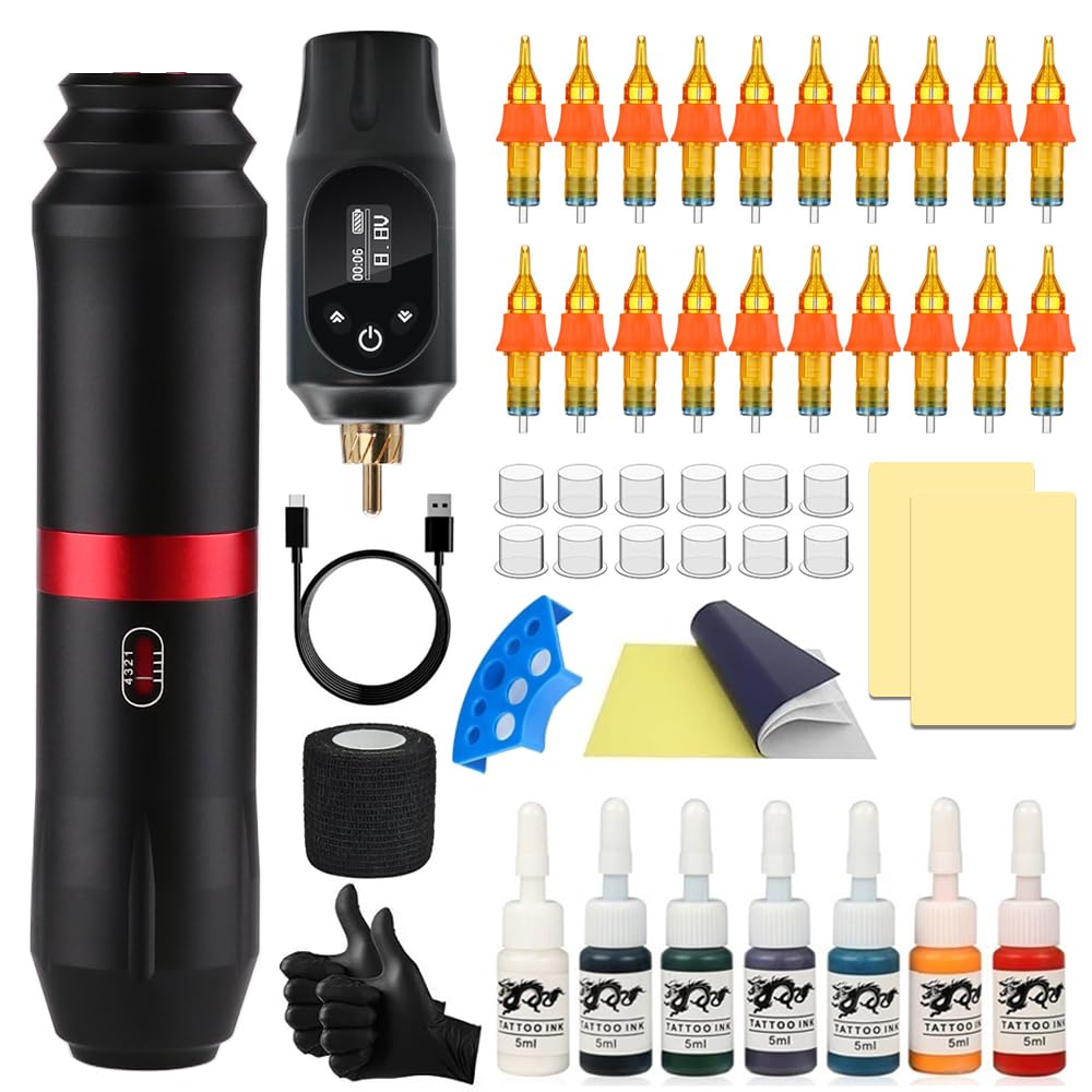 Tattoo Gun Kit Wireless Tattoo Machin Kit Complete With Cartridge Needles Accessories for Beginners Rotary Tattoo Machine Pen Kit Complete Tattoo Kit Tattoo Supplies (Black)