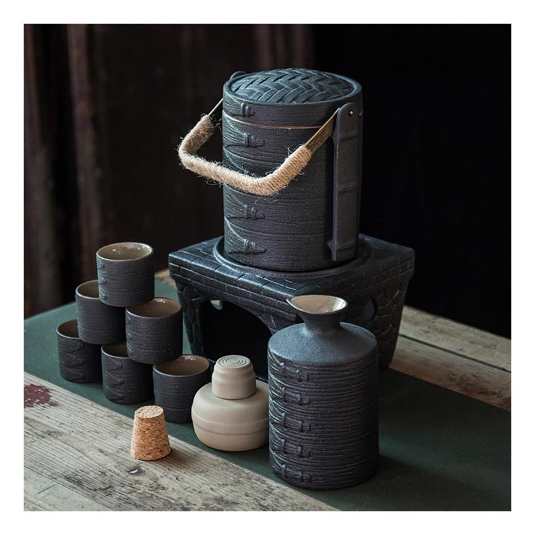 Juego de sake de cerámica YJYJY con calentador de vela negro esmaltado para té y shochu