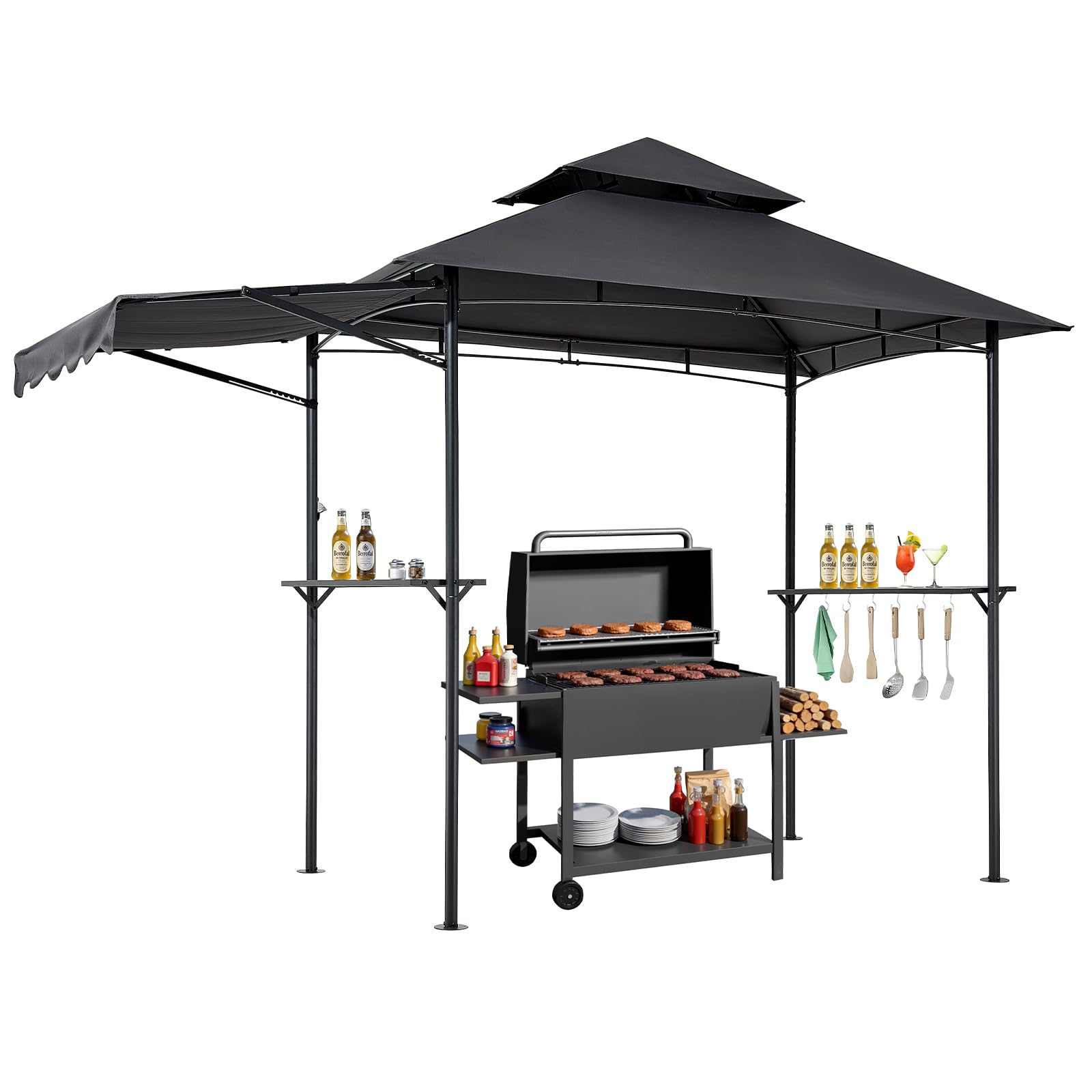 VEVOR Gazebo per Barbecue 243x150 cm, Tenda Gazebo per Barbecue da Esterno con Tettoia, Tetto a 2 Livelli, Copertura per BBQ da Giardino in Acciaio Verniciato a Polvere, per Grigliate, Feste, Picnic