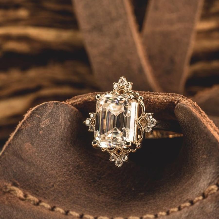 Vintage-Inspired Engagement Ring for Women, Gold-Tone Alloy with Emerald-Cut Simulated Diamond, Antique Style Bridal Jewelry4