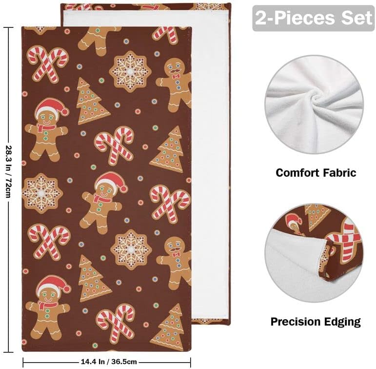Miniatura 2 de Juego de 2 paños de cocina de caramelo de jengibre navideño para decoración de baño, 14 x 28 pulgadas, suave y multiusos para invitados, para playa,