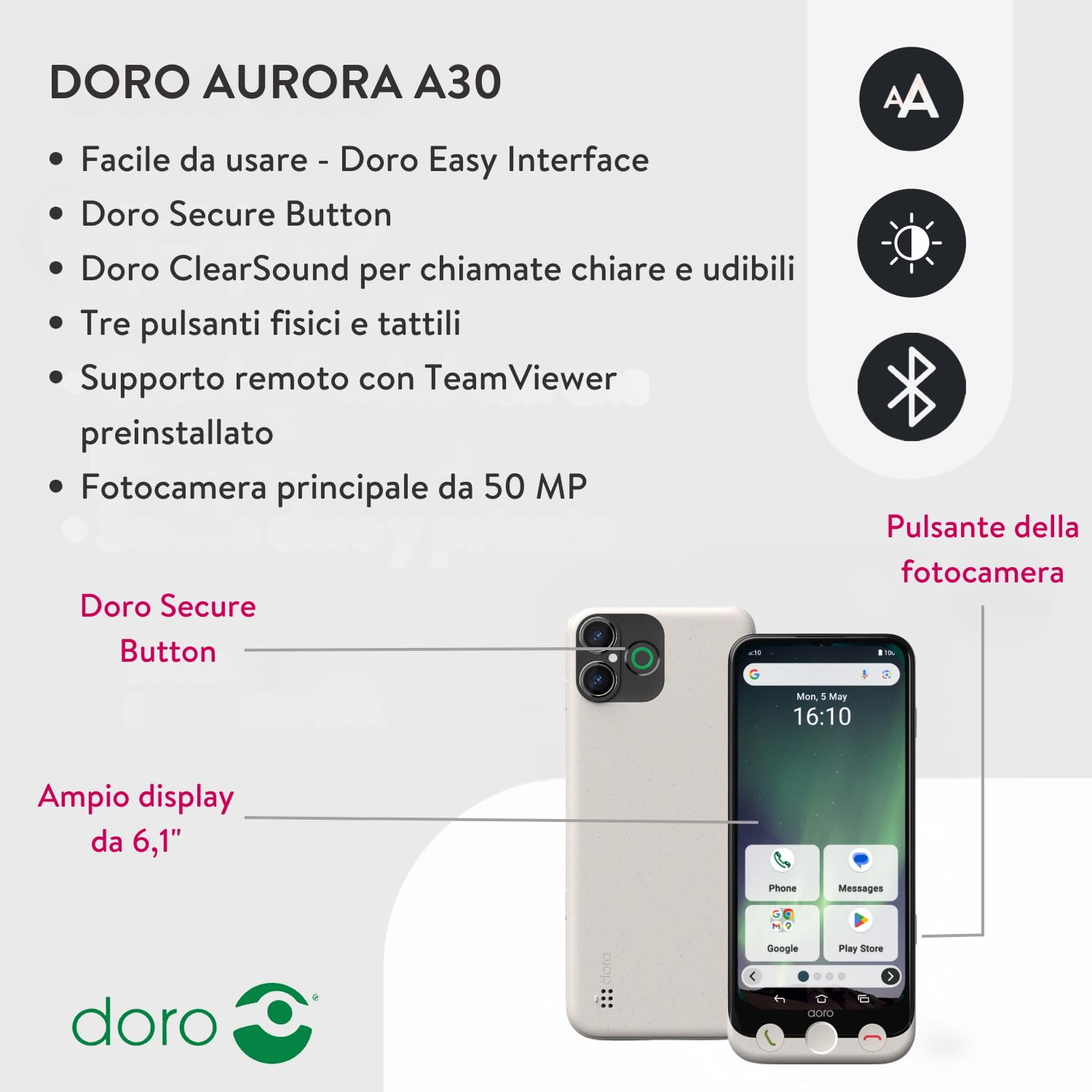 Doro Aurora A30 Smartphone Anziani con WhatsApp, Display Grande 6.1", Facile da Usare, Tasto SOS con GPS, Compatibile Apparecchi Acustici, Grafite