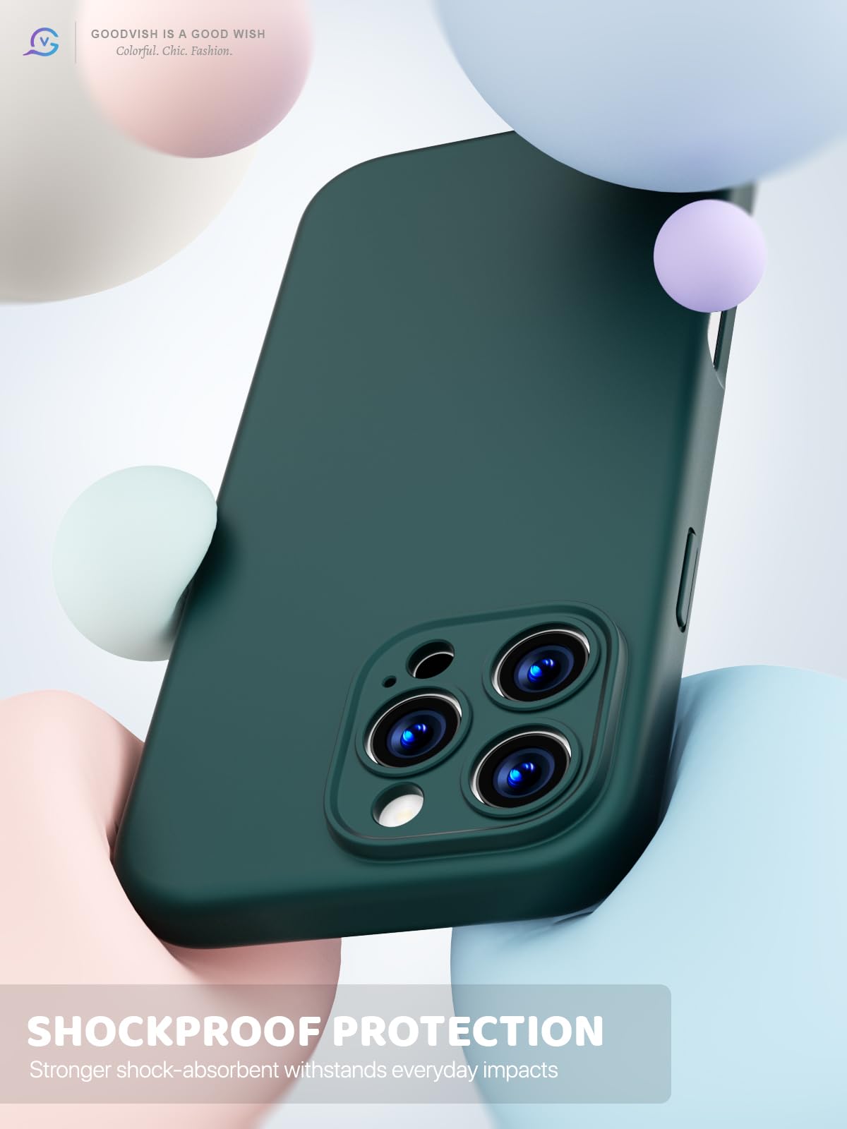 GOODVISH 3 in 1 Silicone Cover per iPhone 16 Pro Max 6.9", Custodia con 2 Pellicola Vetro Temperato [Protezione Fotocamera] Protezione Anticaduta Case per Cellulare Antiurto Resistente, Verde Scuro