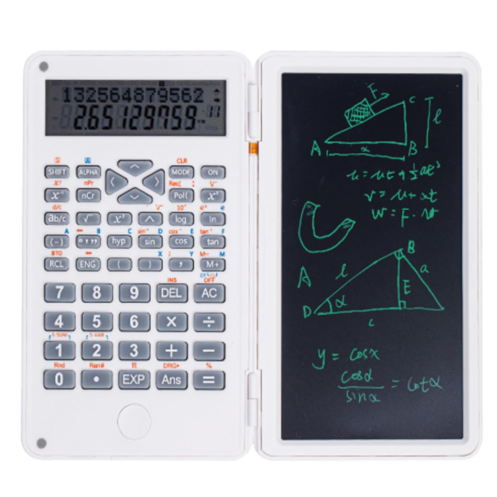 Calculatrice Scientifique 240 Fonctions avec Tableau d'Ecriture Effaçable Écran LCD à 12 Chiffres Calculette Simple 18×15cm，pour Bureau École，Noir，Blanc(White)