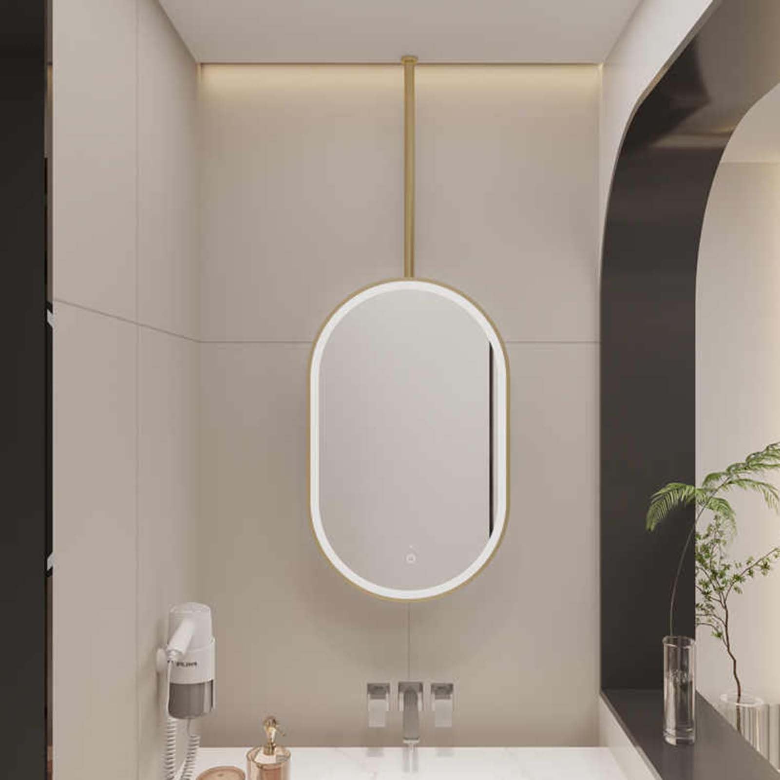 CGCSYZ Oval metal ceiling mounted mirror LED mirror, vanity shaving makeup mirror (Gold 40x80cm)