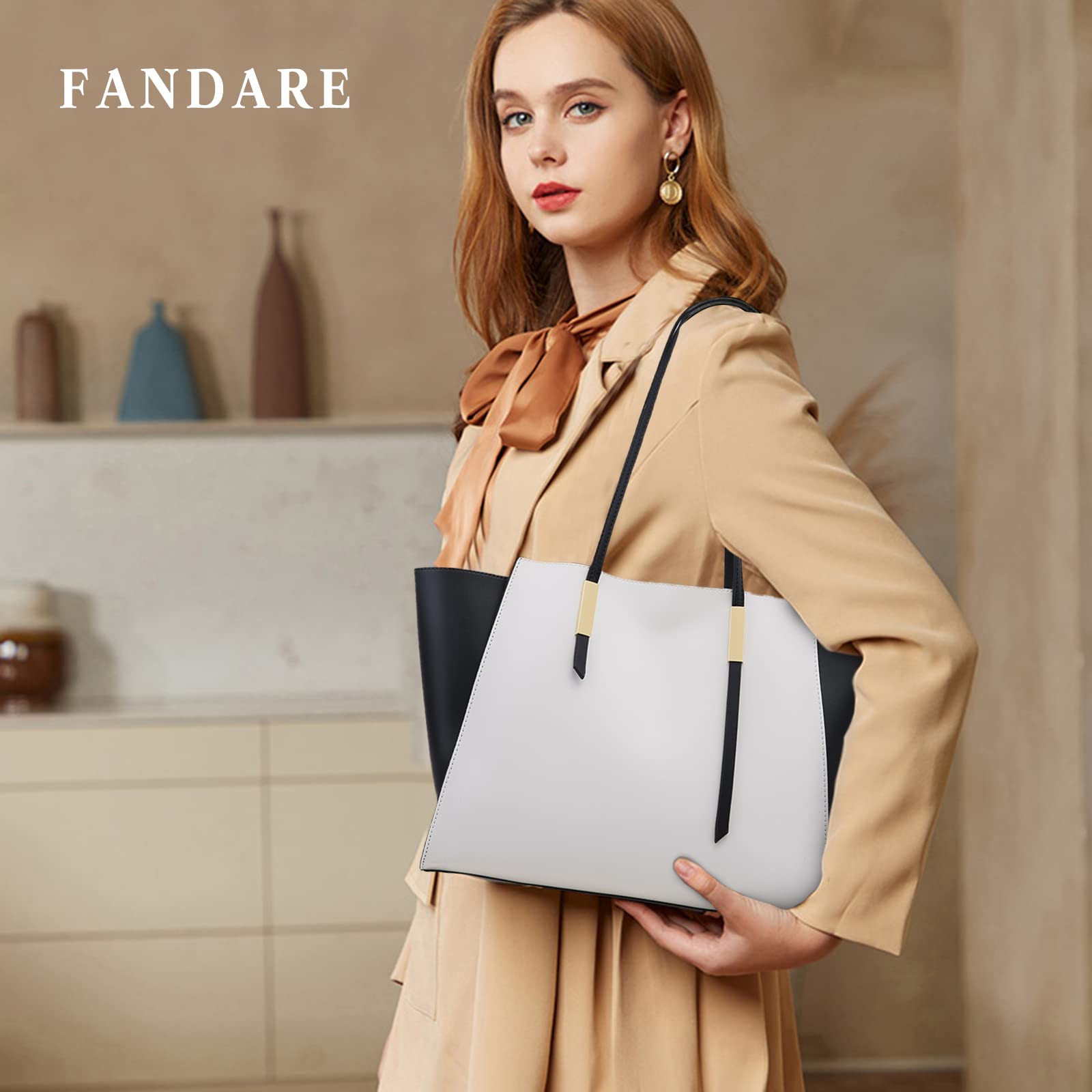 FANDARE Moda Bolsos de Mano Mujer Bolso de Mano Cartera Juego de 4 Piezas Bolso Bandolera Bolso de Hombro Cruzado Señora Tote Shopper Bolso de Mensajero Trabajo Viajar Crossbody Bag Blanco