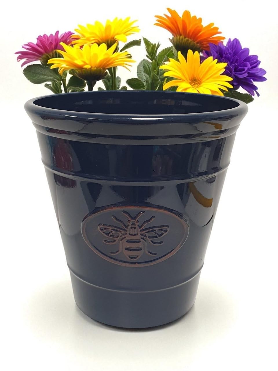 Divas World Outdoor Indoor Plant Pots Gloss Finish Flower Pot Decorative Planter Embossed Bee and Olive Frost Proof Glossy Effect Home Patio Garden (Embossed Bee (Dark Blue), 23 cms)