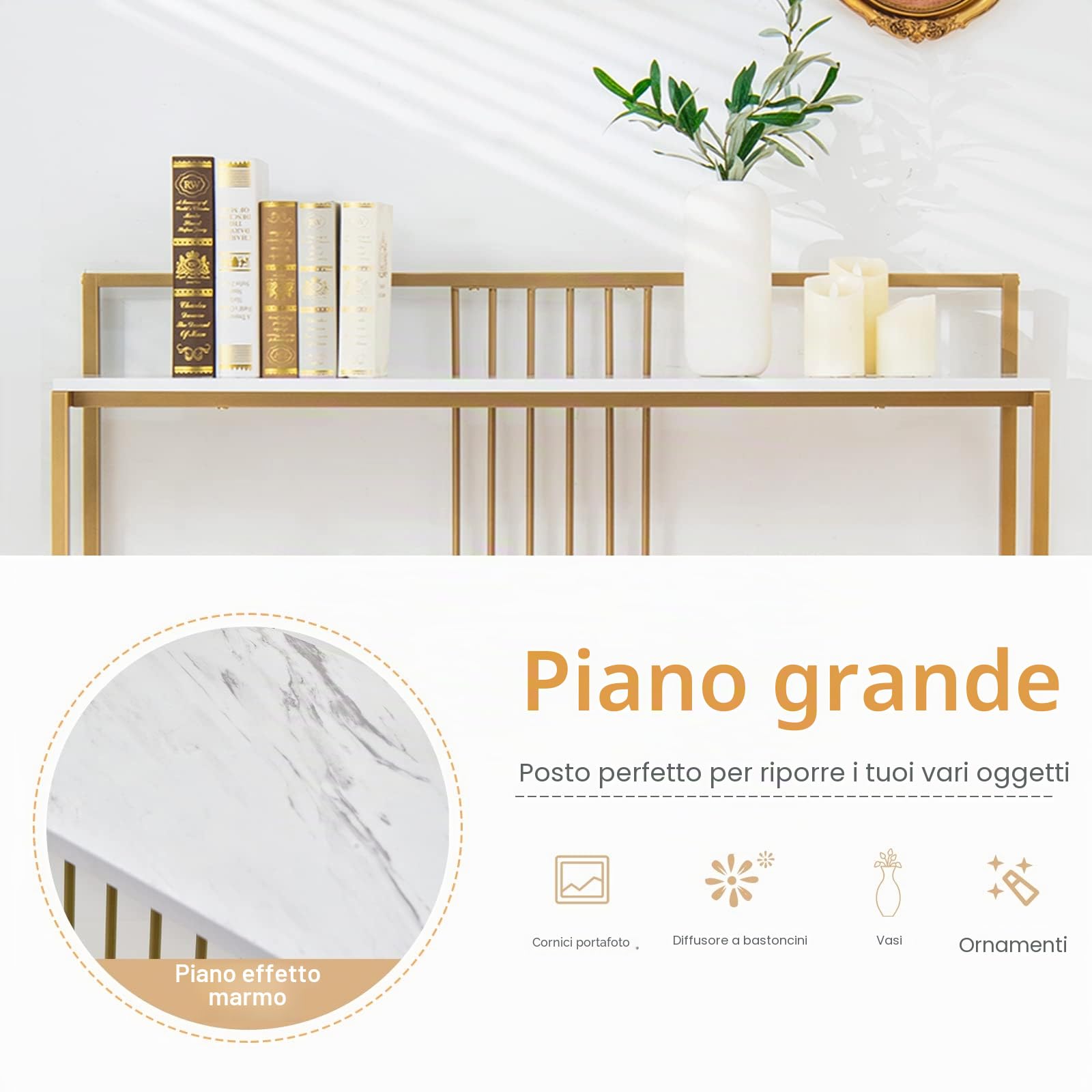 GIANTEX Tavolo Consolle in Marmorizzato Oro, Tavolino da Corridoio Struttura in Metallo, Tavolino da Salotto Design Moderno e Sottile, 120 x 30 x 88 cm (Bianco+Oro)