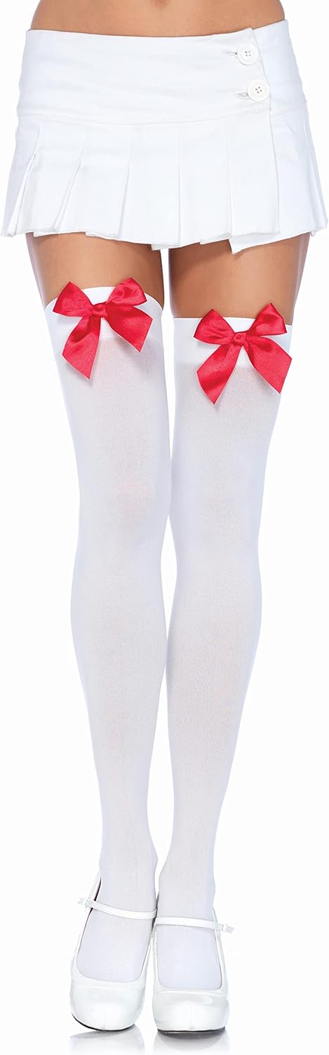 Leg Avenue Women's Satin Bow Accent Thigh Highs White/Red One Size