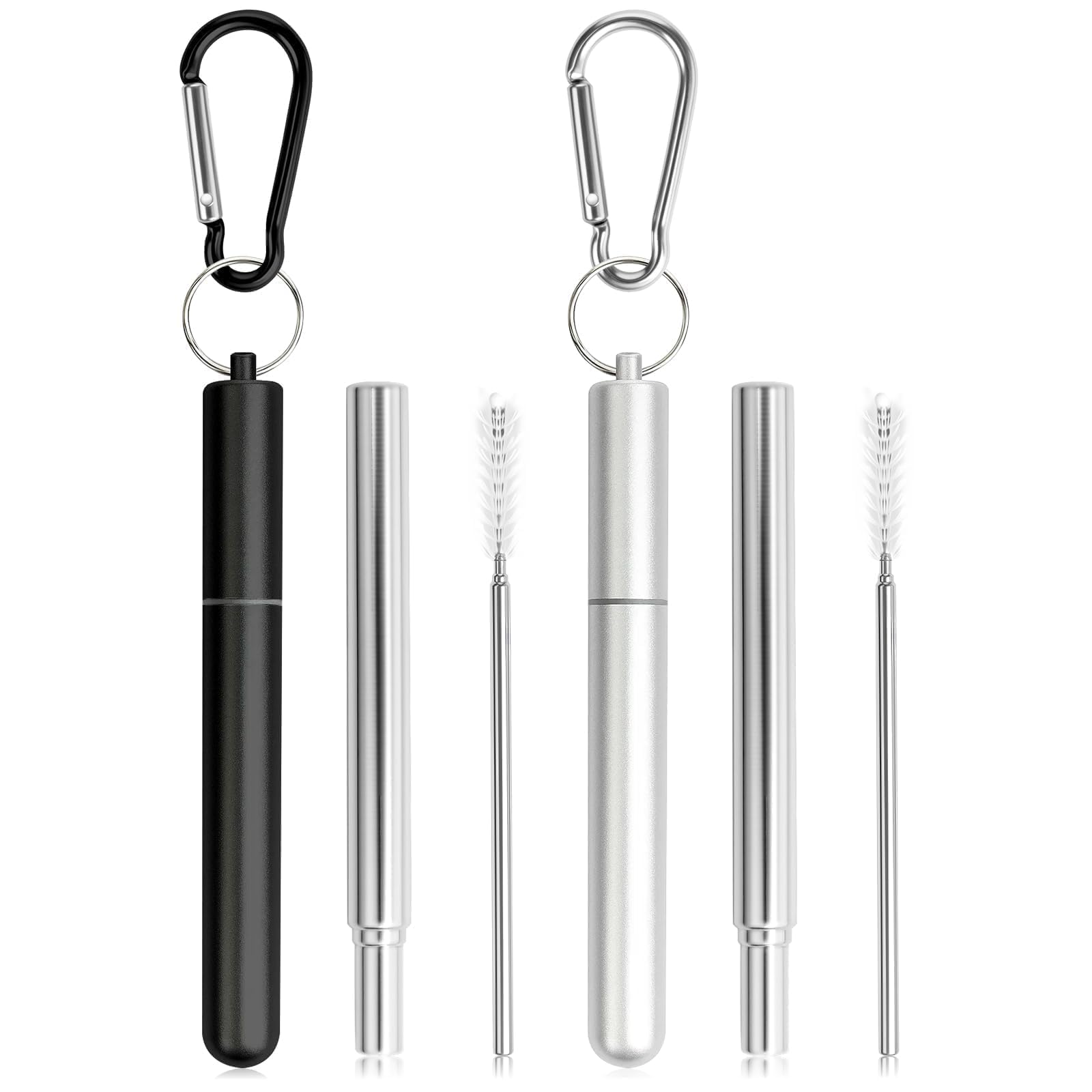 Metal Straws Reusable,Collapsible Stainless Steel Straw,Cruise Ship Essentials,Equipped with Silicone Straw Tip,Cleaning Brush and Keychain,Easy to Carry and Clean(2 Pack, Black+Silver)