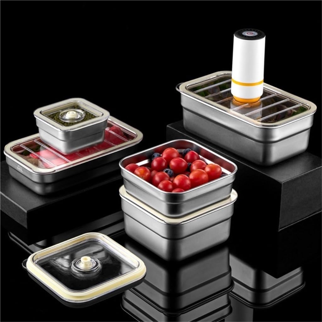 Recipientes para Alimentos Caja de conservación al vacío de acero inoxidable, refrigerador Rectangular, se puede congelar y refrigerar, Caja de almacenamiento sellada para Refrigerador Frutas Vegetale