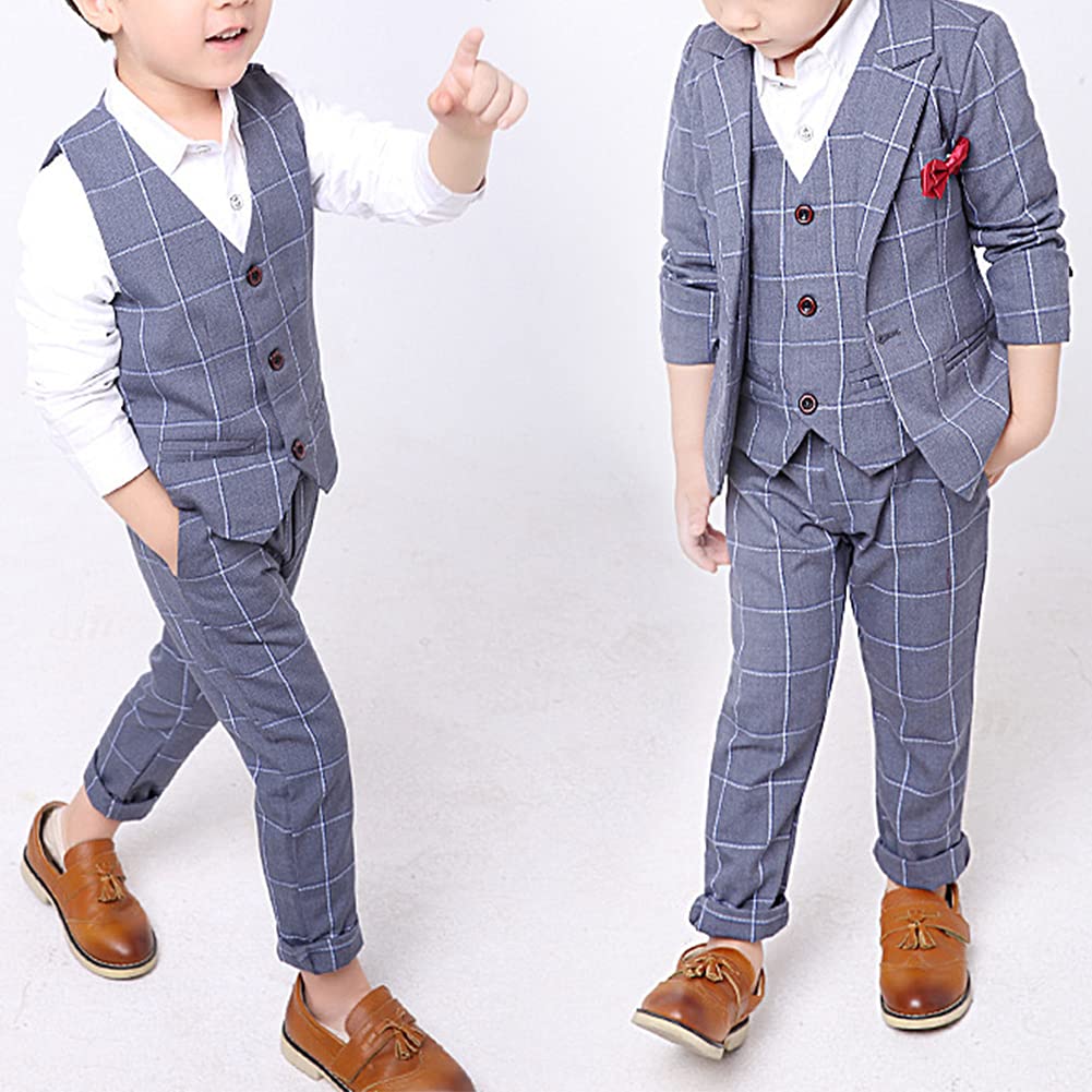 Traje de Boda para Niño,Clásico Trajes para Fiesta Ceremonia Traje de Esmoquin Traje de Graduación Elegante Conjunto de 5 Piezas de Traje Formal a Cuadros，Blazers+Chaleco+Camisas+Pantalones+Corbata