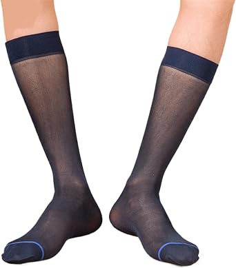 Mens Nylon Thin Sheer Suit Socks Business Dress Socks Blue Striped See Through Formal Dress Over the Calf Stockings