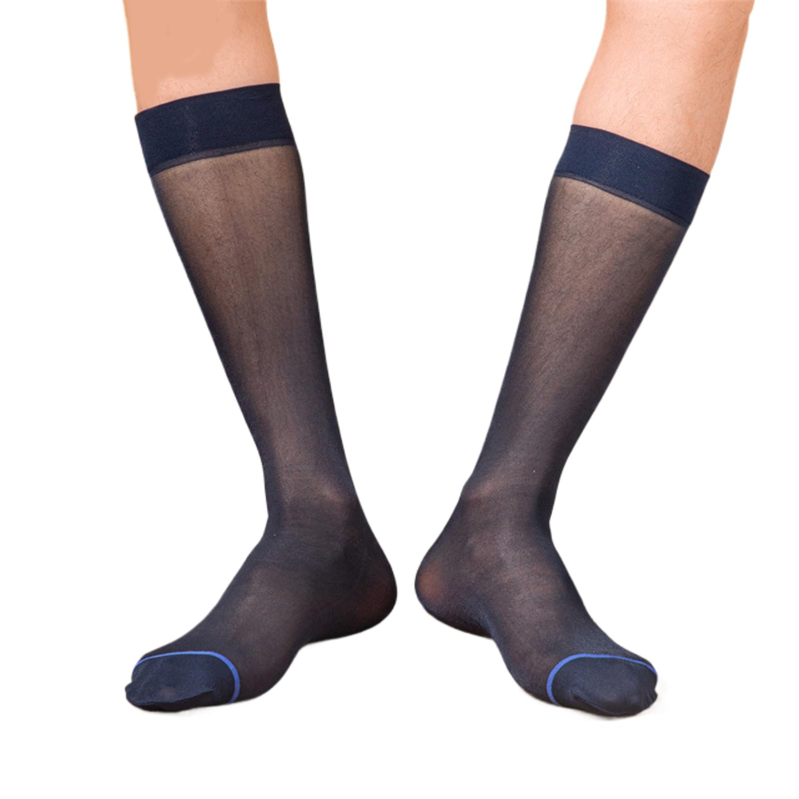 Calzini Uomo In Pura Seta Trasparenti A Righe, Calzini Eleganti Da Lavoro In Nylon Morbido, Altezza Media Polpaccio, 1 Paio (Blu Navy O Nero) - 6