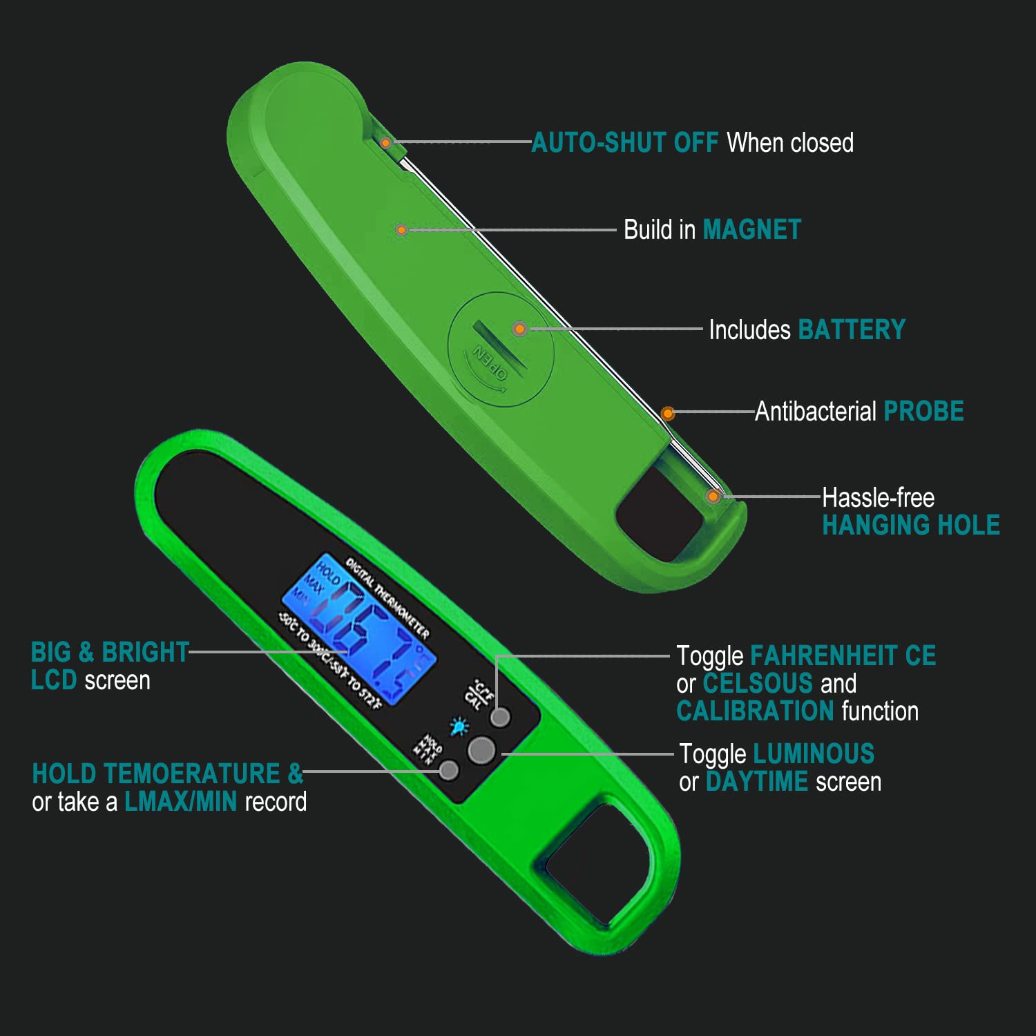 Termómetro de carne de lectura instantánea para cocinar en la cocina, termómetro digital ultra rápido preciso impermeable con retroiluminación, imán y sonda plegable para freír, barbacoa al