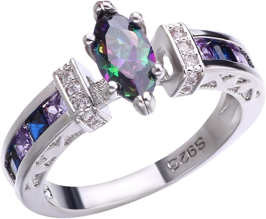 Beiswe Charm S925 Silver Ring Colorful Oval Zircon Rhinestone Promise Ring for Female Wedding Engagement Jewelry Accessory (8#)
