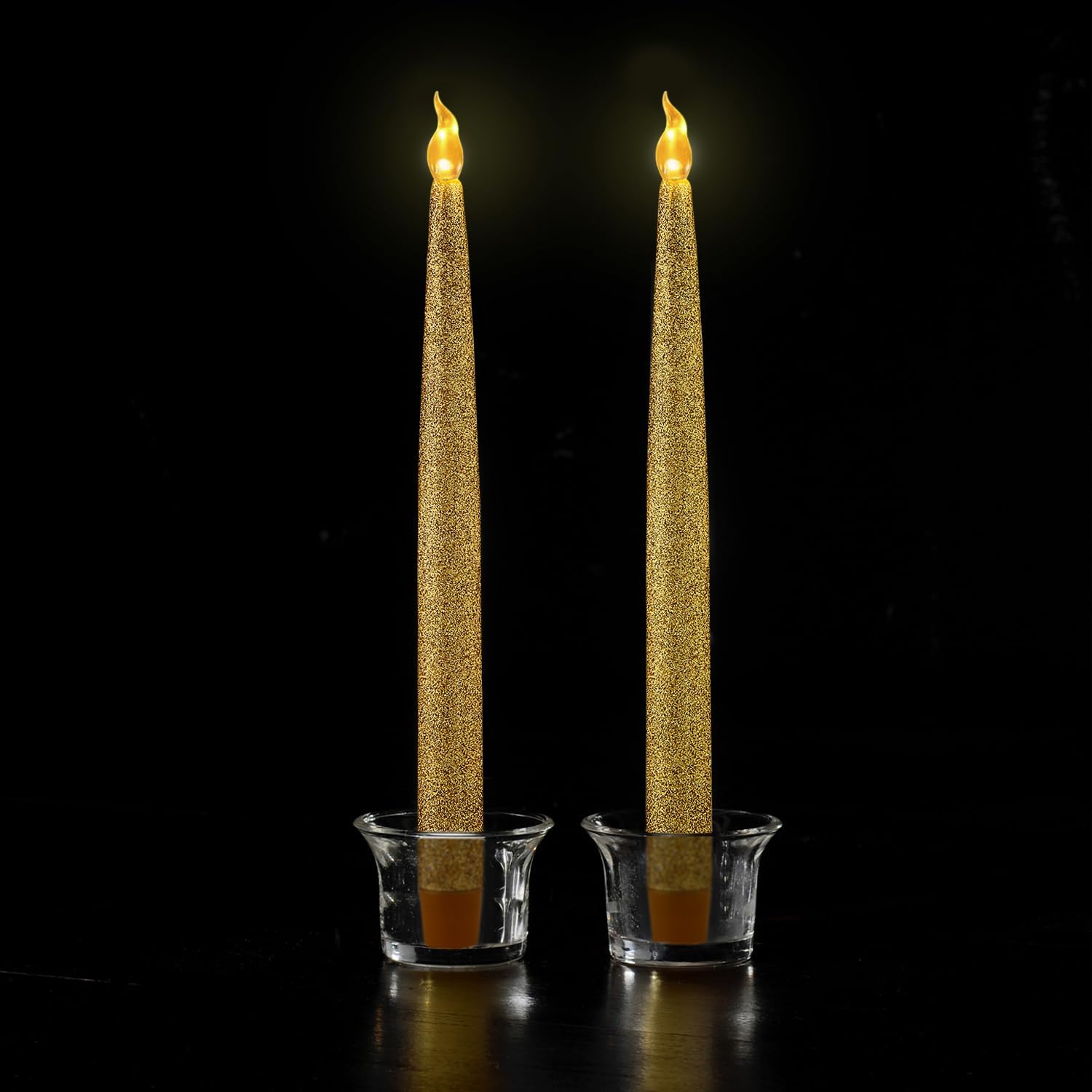 Gold Glitter LED Taper Candles, 2-Pack with 6/18 Timer | Comes with 4 AA batteries pre-installed for instant use. Fits most standard 0.87-inch taper candle holders.