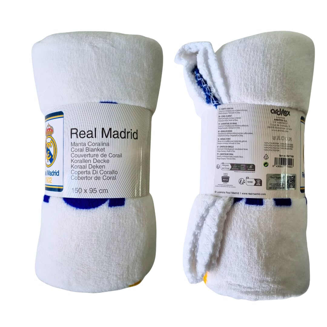 ARDITEX, Coperta in Pile Real Madrid, Coperta in Pile Coralina per divano, Ideale come regalo, Morbidissima e molto calda, Poliestere 200 gsm, 150 x 95 cm (Bianco)