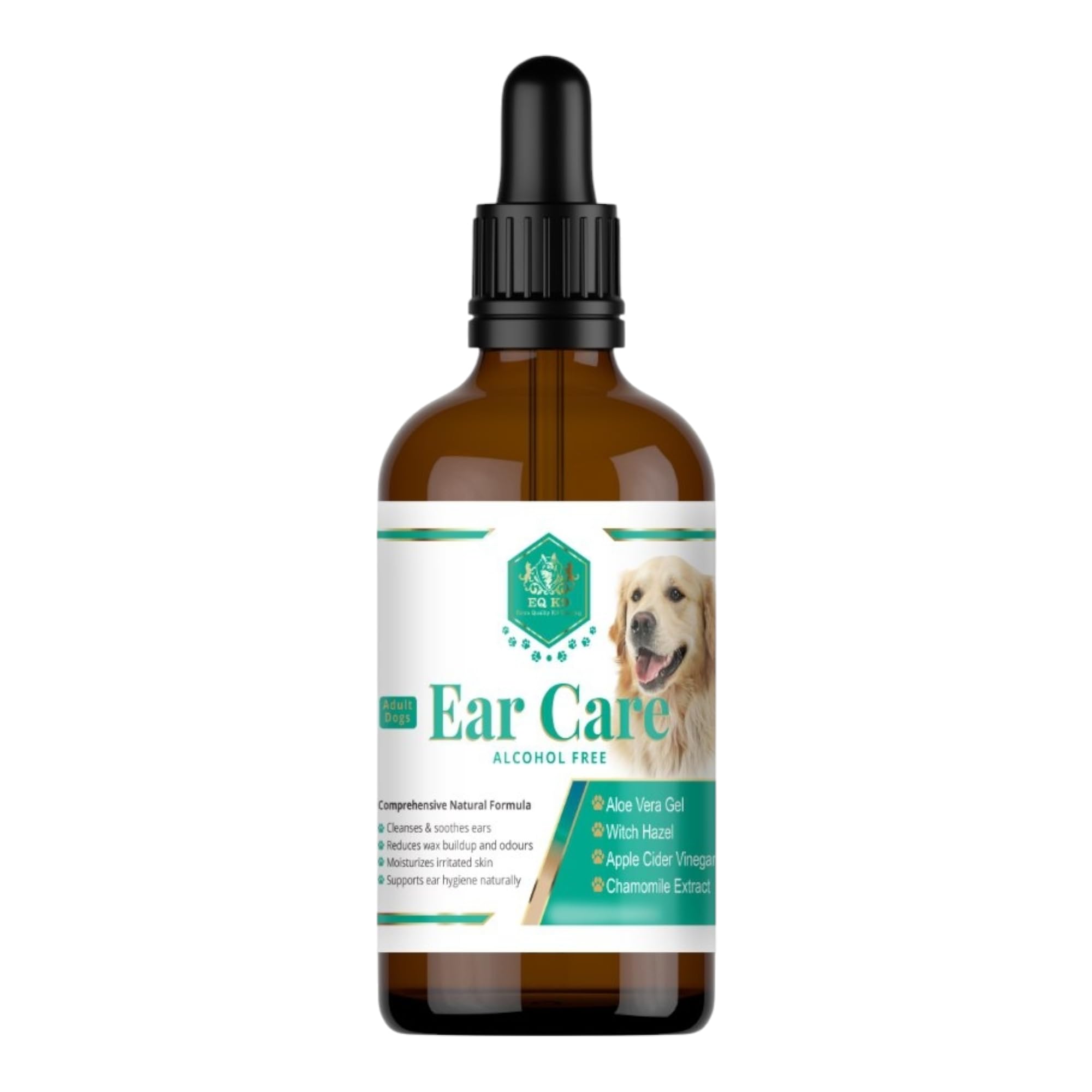 EQ K9 Dog Ear Drops, Natural Ear Cleaner for Dogs Soothes Itchy Ears, Removes Wax & Odour