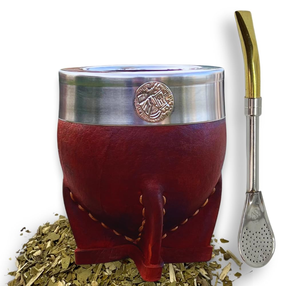 Hide & Smile Imperial Premium - Kit de mate hecho a mano, juego de taza y bombilla de acero inoxidable, auténtico té argentino de calabaza, incluye pajita, recuerdo de Argentina, diseño original