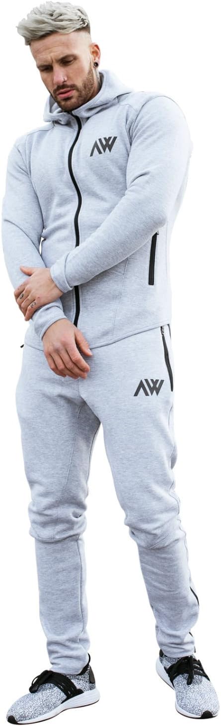 Mens Tracksuit Lunar Grey Hoodie and Bottoms Set Gym Fitness Track Suit Active Sport Stretch Slim Fit Top with Joggers (Medium)