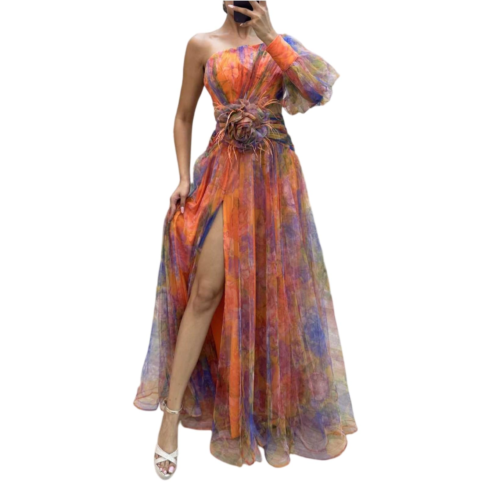 uxxnjfg Robe De Cérémonie pour Femme Ronde Boheme Cocktail Maille Robe Longue Chic Et Elegant De Cérémonie Fleurie Vetement Ete sans Manches Fluide Summer Dress