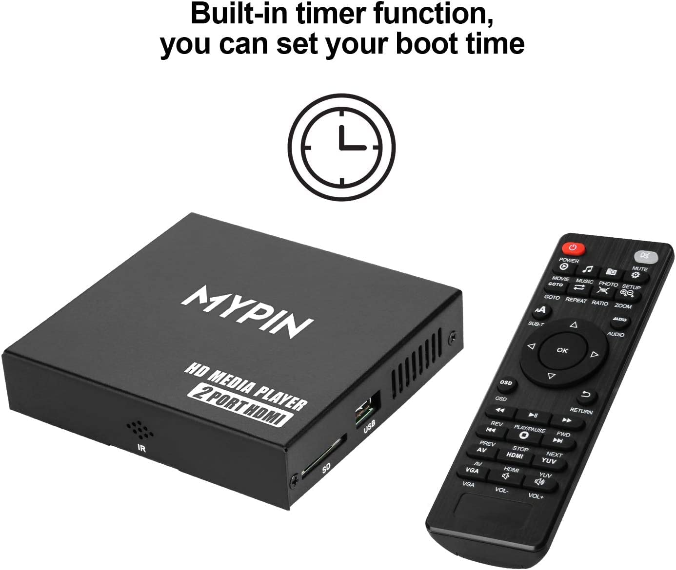 Lecteur Multimédia 4k, MYPIN HD Media Player HDMI Soutien 8TB HDD/Clé USB 256G /Carte SD et Sortie HDMI/AV pour HDTV/PPT MKV AVI MP4 H.265 (HA0153)