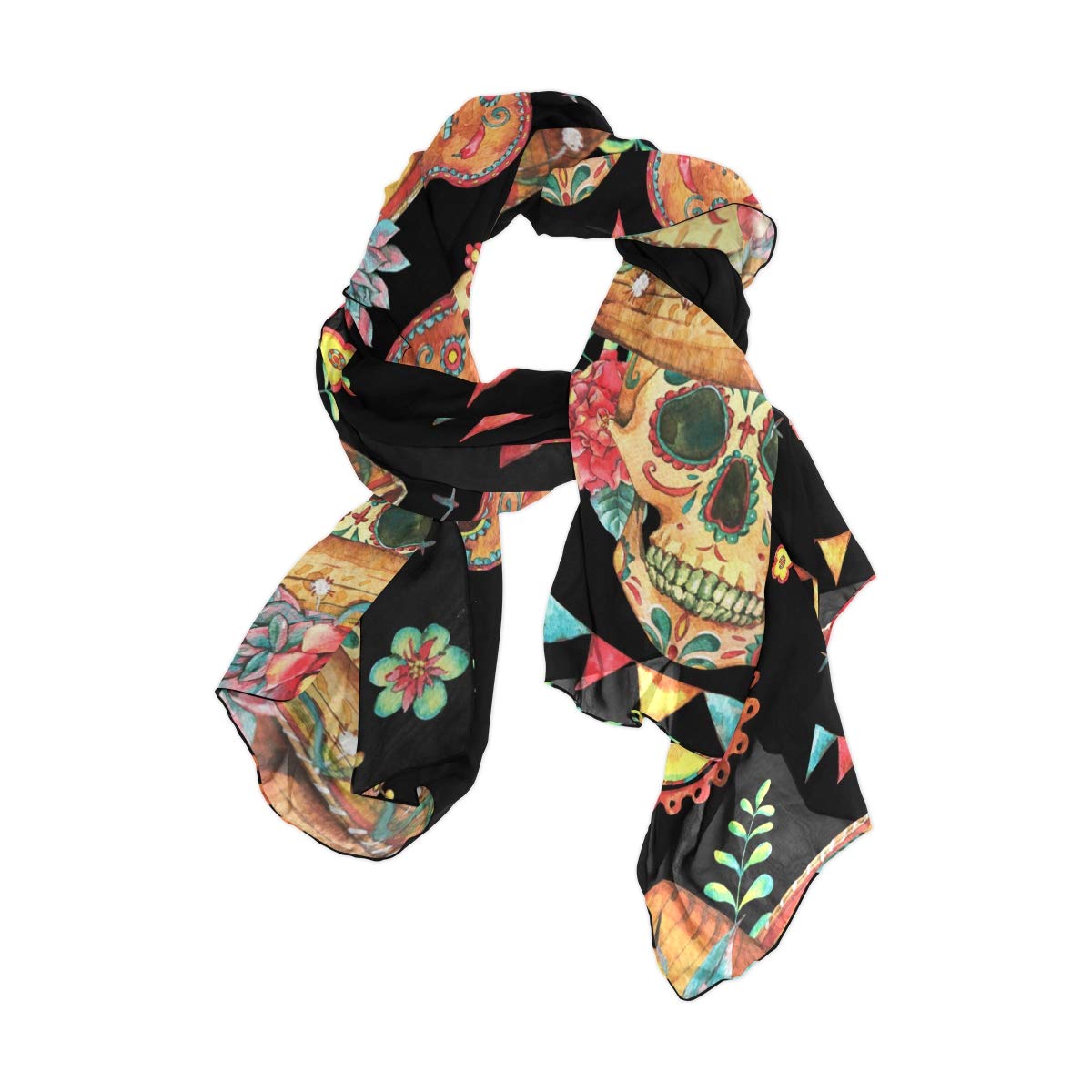 linomo Women's Chiffon Silk Large Scarf Mexican Sugar Skull Long Shawl Wrap Silk Like Scarf
