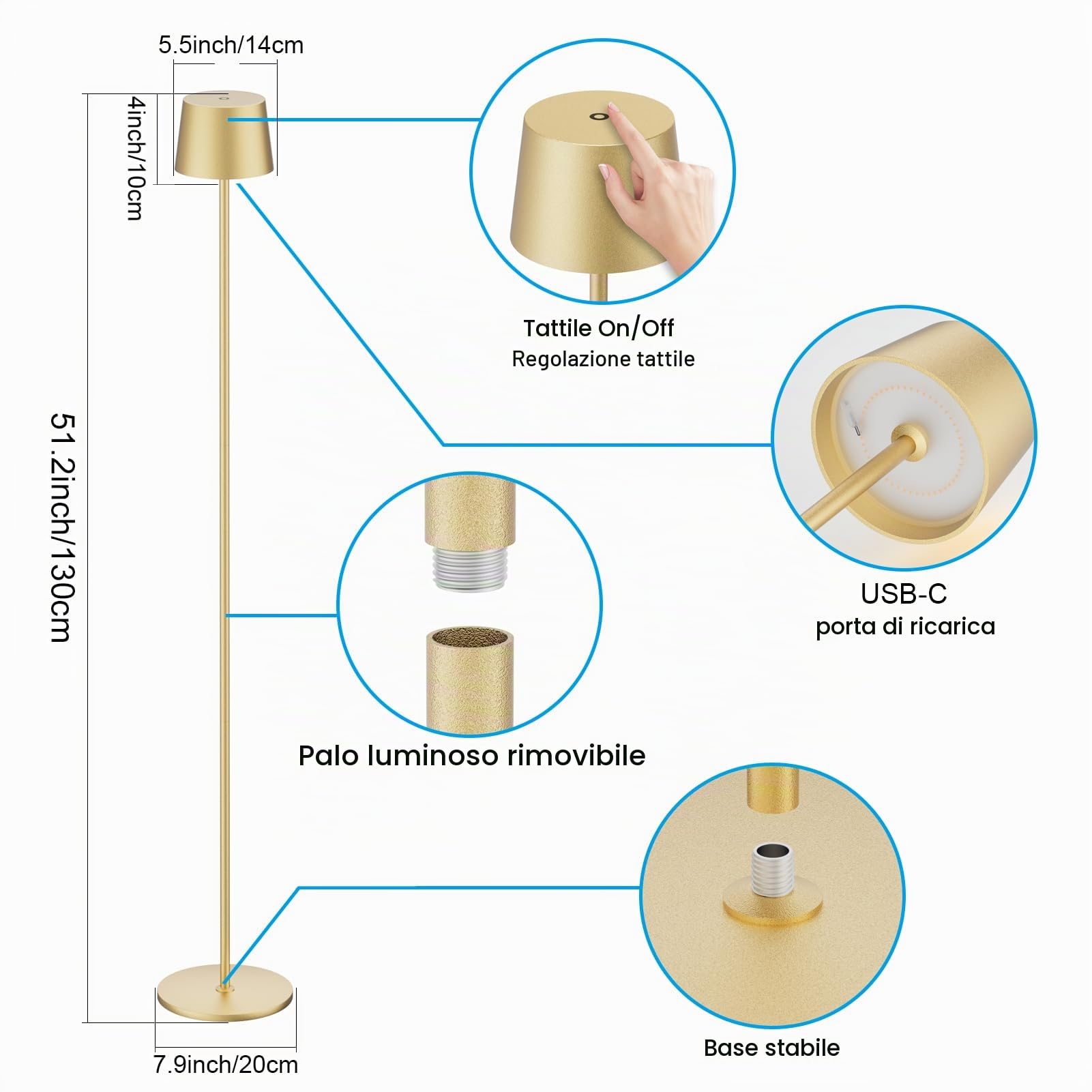 K-Bright Lampada da terra a LED, 4 W, dimmabile, con controllo touch, in metallo e alluminio, adatta per soggiorno, camera da letto, ufficio, illuminazione aggiuntiva (oro)