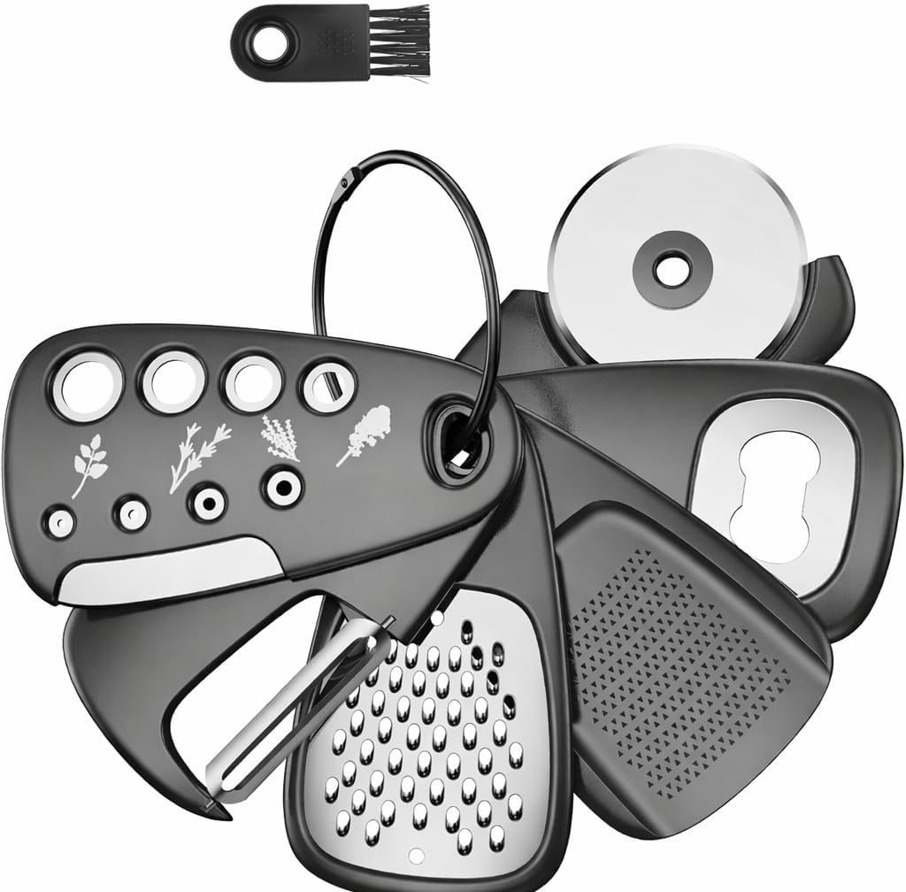- Truenix 6 in 1 Kitchen Unique Gadgets Set, Stackable Cooking Tools Space Saving, Cheese Grater, Bottle Opener, Fruit Vegetable Peeler, Pizza Cutter, Garlic Ginger Grinder, Herb Stripper Gift Set
