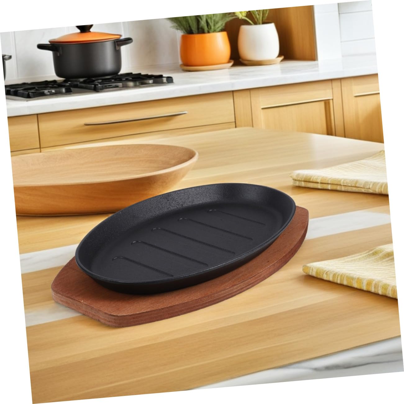 Cast Iron Skillet Set Sizzling Steak Grill Pan with Wooden Base Striped Platter for Authentic Grill Marks Efficient Heat Retention for Home Bbq And Parties