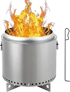 16.5" Smokeless Fire Pit, Portable Backyard Fire Pit with Handle, Wood Burning Stainless Steel Fire Pit with Poker and Removable Stand for Camping, Garden, Patio
