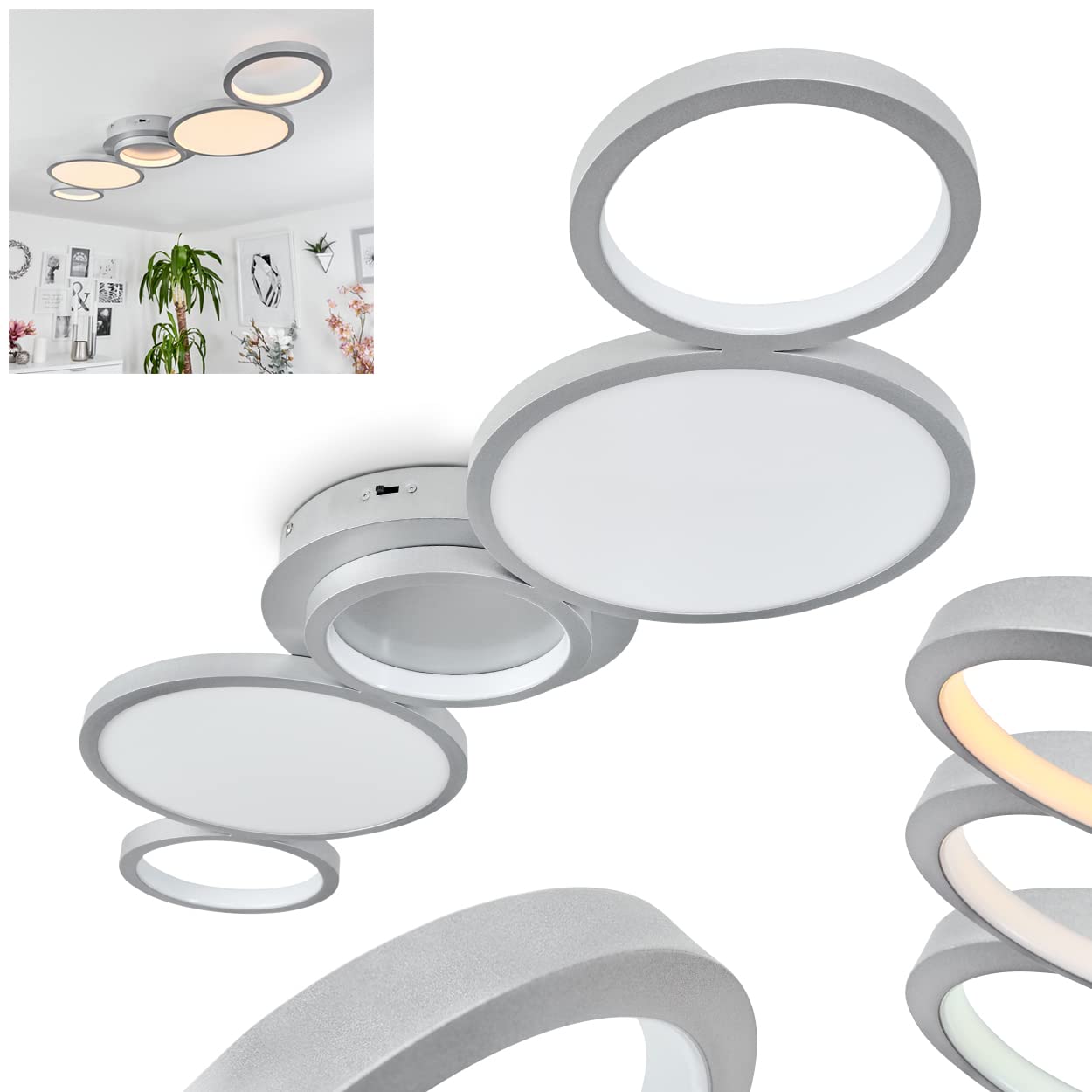 HOFSTEIN LED Deckenleuchte Carabajal, dimmbare Deckenlampe aus Metall in Titanfarben/Weiß, CCT einstellbar 2300-3000-4000 K, dimmbar über Lichtschalter, 5350 L, 46 W, Wohnzimmer, Schlafzimmer, Küche