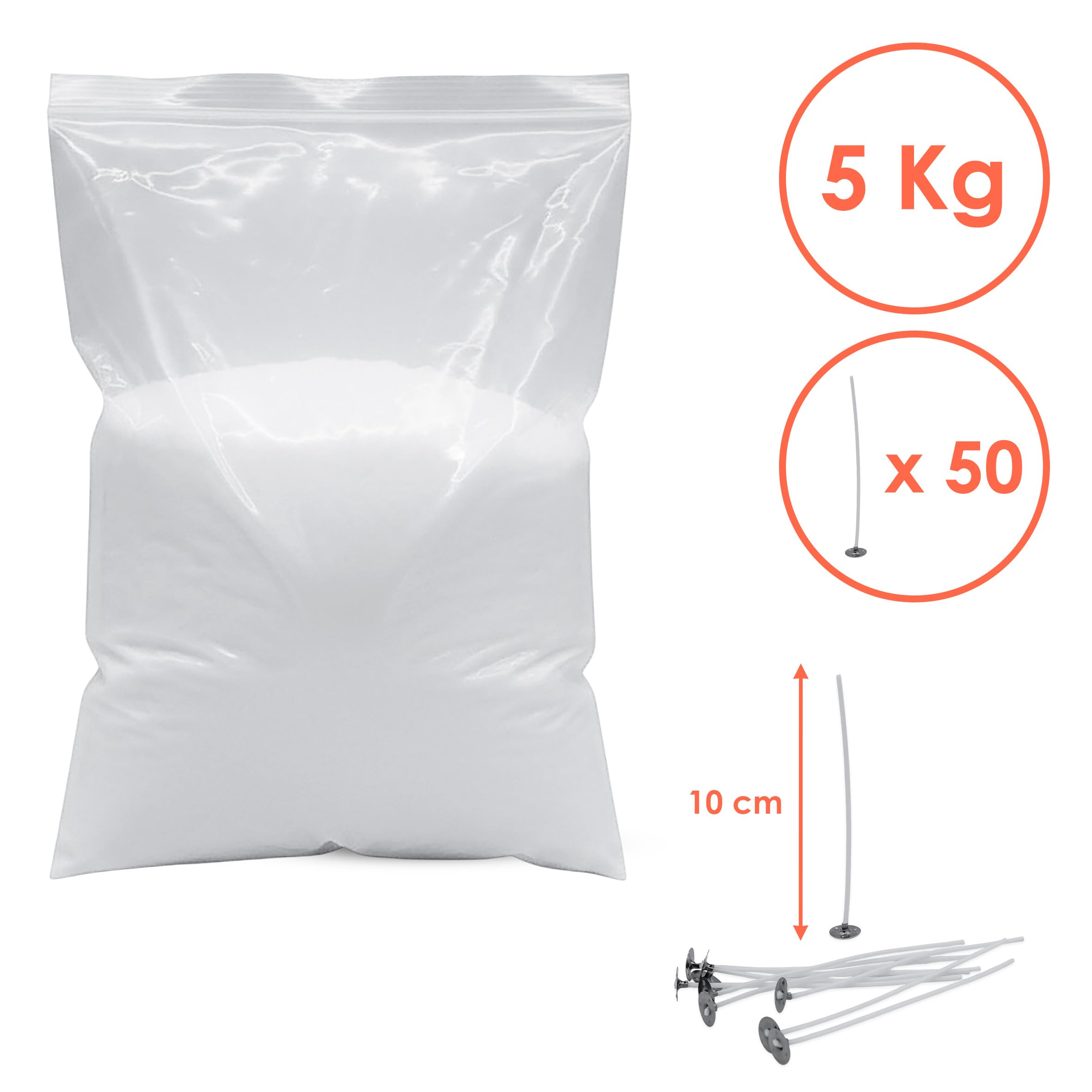 Spetebo Wosk parafinowy, biały, nieperfumowany, wysokiej jakości, z 50 knotami – 5 kg – granulat woskowy, bezzapachowy do topienia i produkcji świec, wosk parafinowy do odlewania świec DIY
