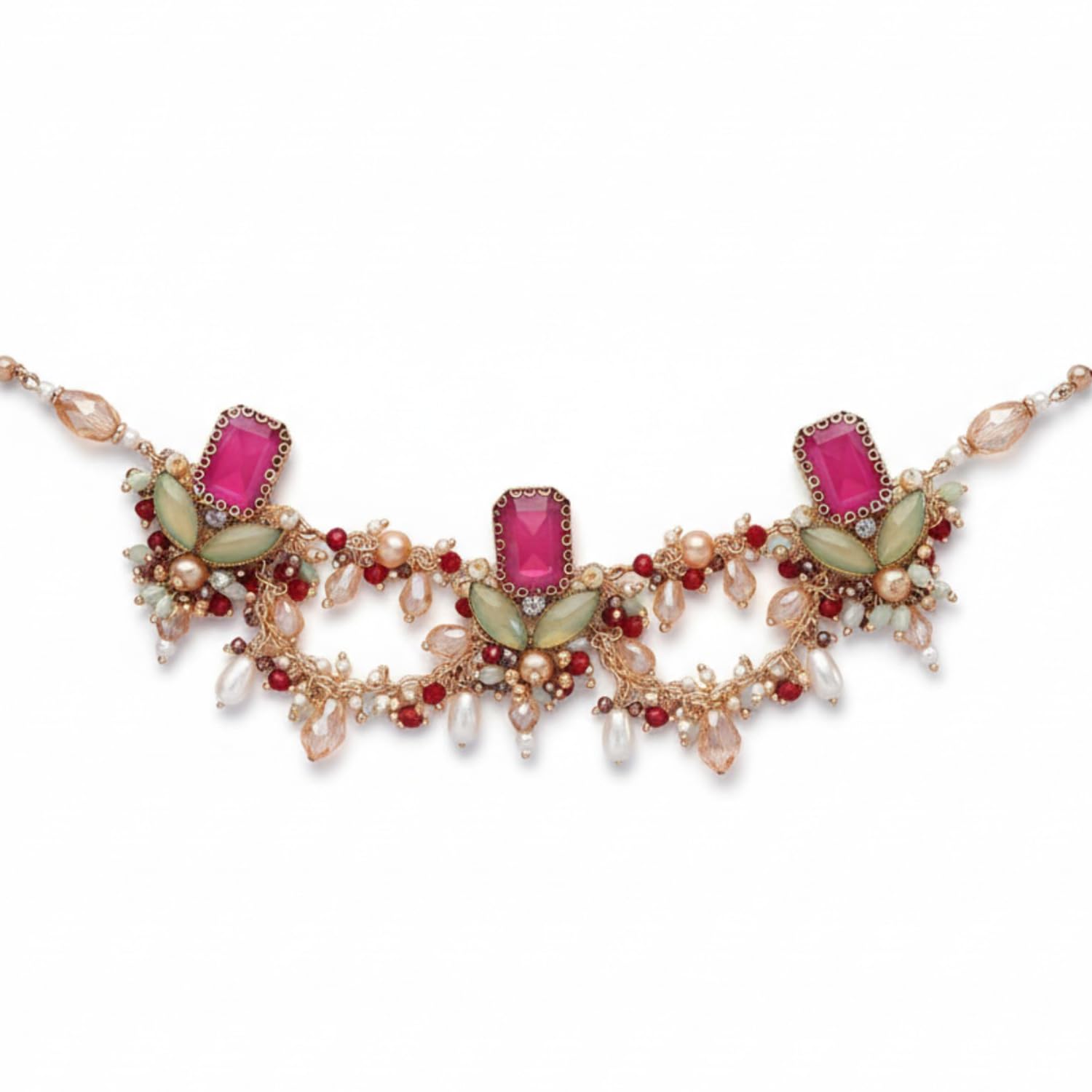 Embroidered Statement Necklace for Women | Elegant Traditional Jewelry | Gold-Plated with Pink, Green & Pearl Embellishments | Ethnic Wear Jewelry for Womens-image-49