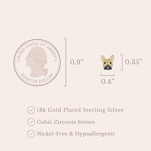 Vista 6 de SCAMPER & CO Aretes tipo botón con circonita cúbica con diseño de cachorro de raza de perro para mujer, aretes de plata de ley con piedras preciosas
