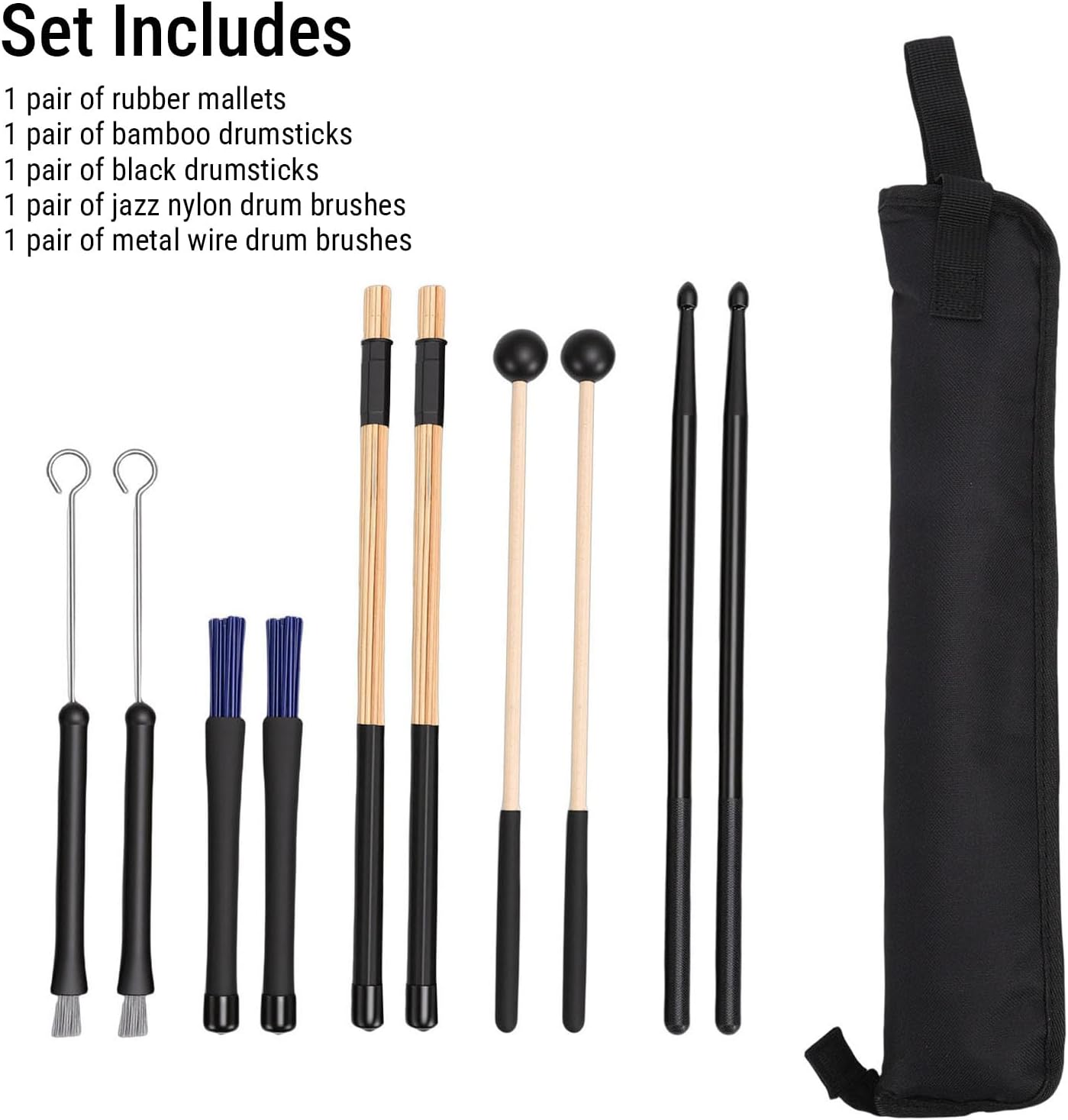 Drumstick Set, 4 Pairs Rubber Mallet Bamboo Black Drumsticks Jazz Nylon Wire Brushes with Oxford Cloth Hanging Bag, for Music Enthusiasts Beginners Drummers