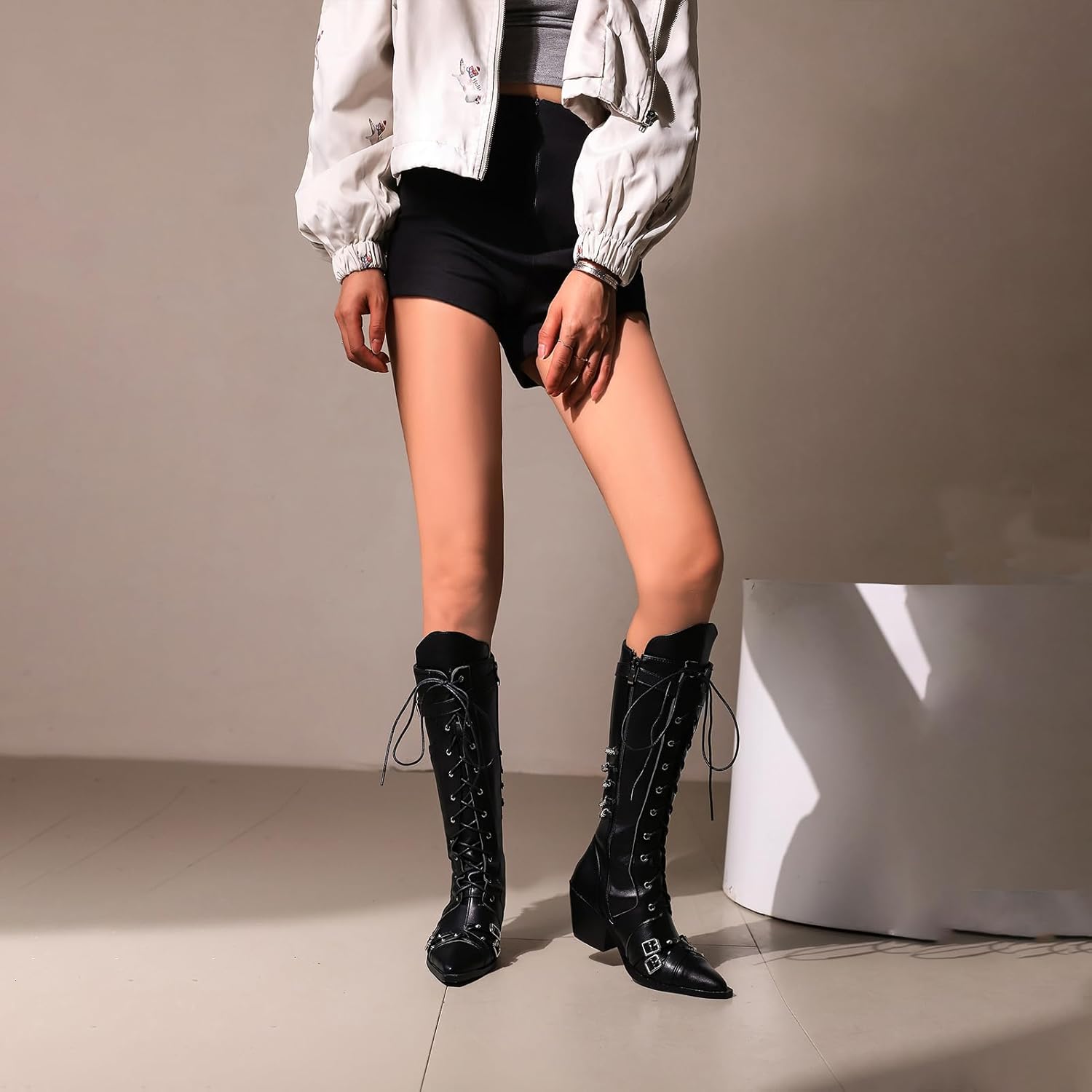 Women Goth Cowboy boots Gothic Steam Punk Boots Knee High Buckles Rrivets Witch Boots Pirate Vintage Block Rave Western Boots