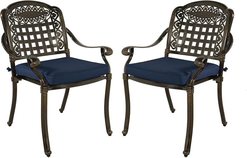 2-Piece Outdoor Cast Aluminum Cushioned Chairs, Patio Armrest Dining Chairs with Seat Cushions for Garden, Poolside, Backyard, Antique Bronze (Navy Blue Cushion)