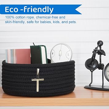2 Pack Cross Decor Small Woven Baskets, Cute Mini Storage Bins for Nursery, Shelf and Home Decor(Jet Black-Cross)