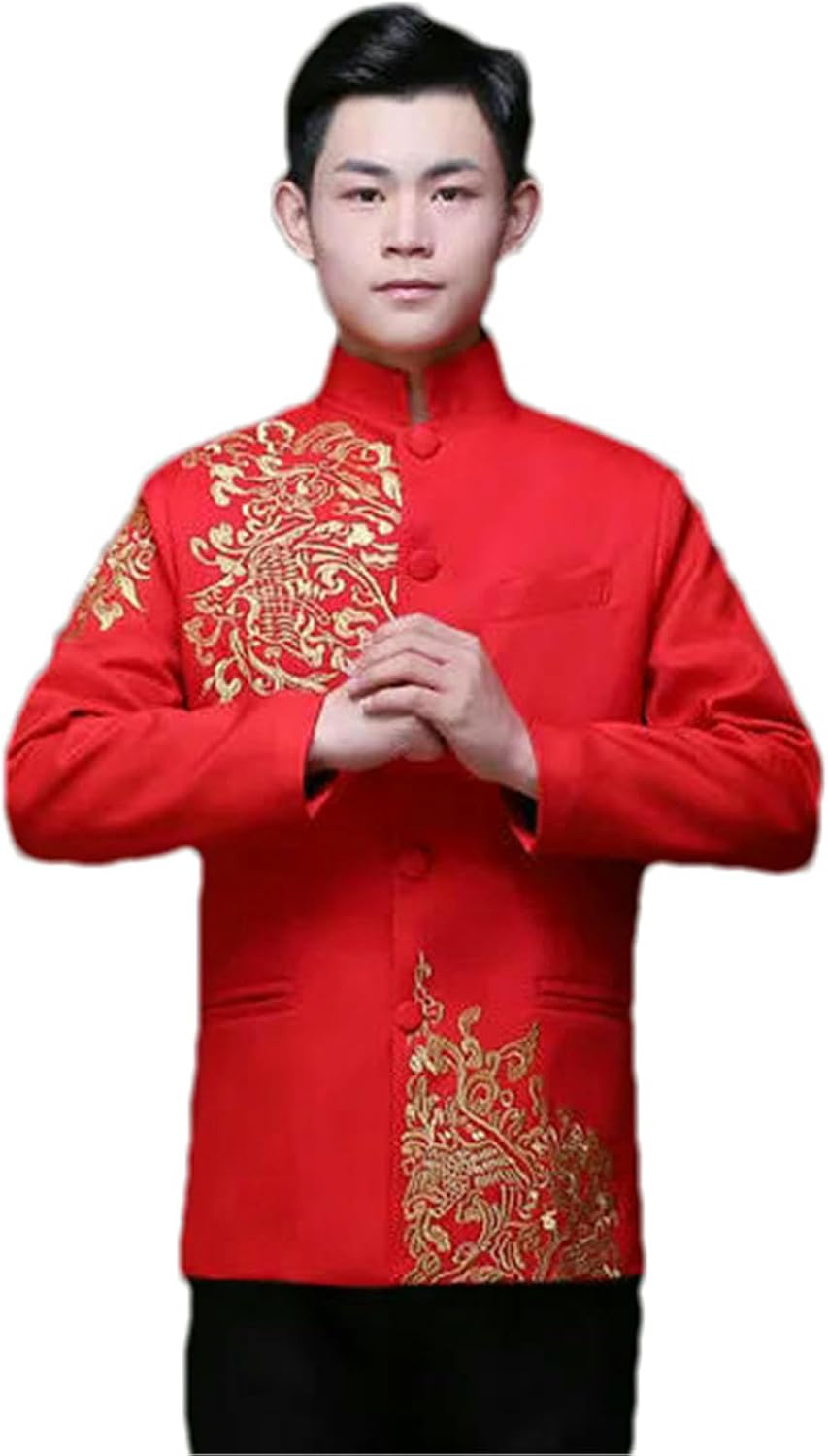 JXQXHCFS Men’s Red Chinese Tang Suit Jacket Traditional Dragon Embroidered Tunic Top Wedding Groom Costume Festival Coat