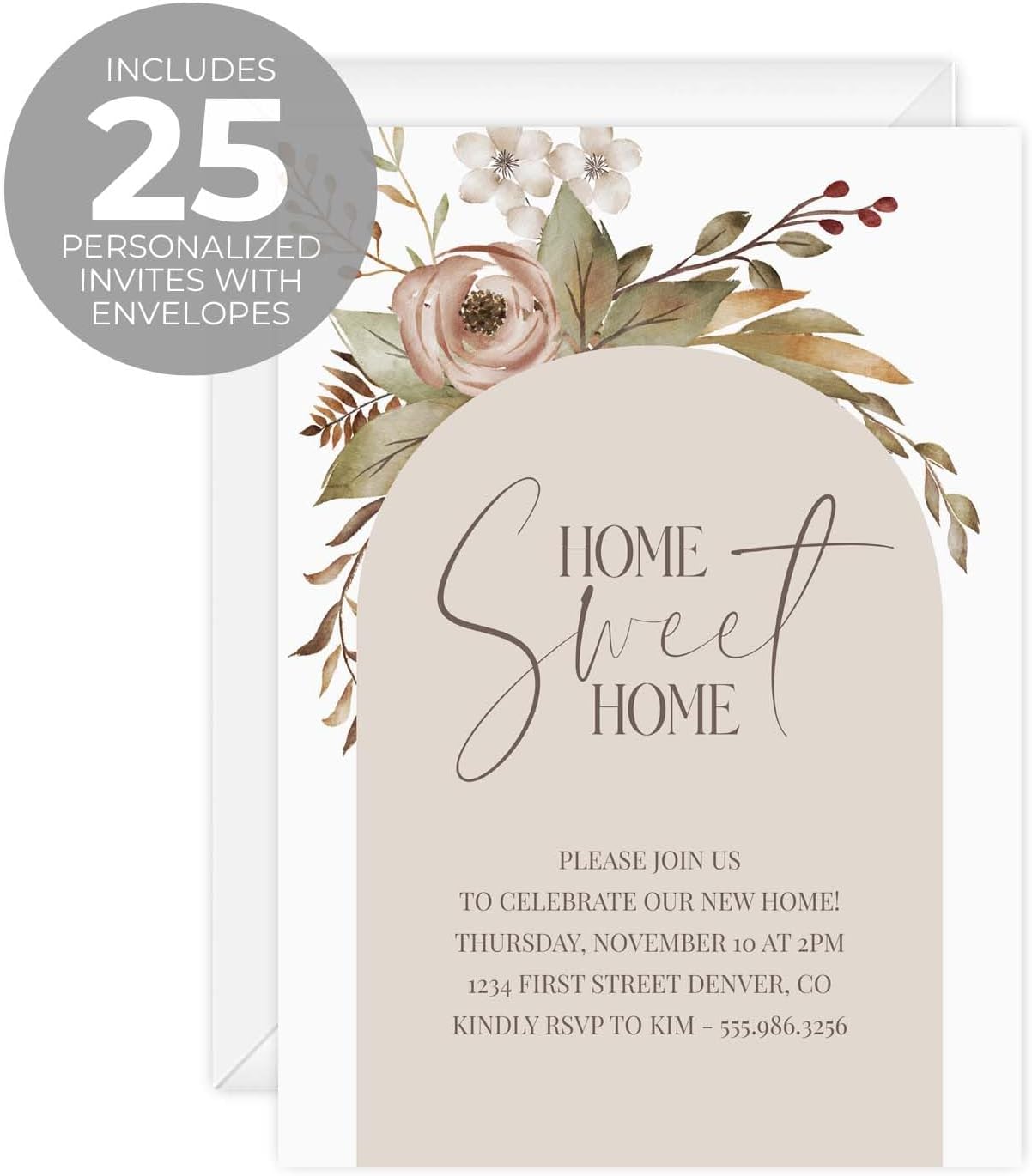Personalized Rustic Fall Floral Home Sweet Home Invitations / 25 Custom Modern Housewarming Invites With White Envelopes / 5" x 7" Watercolor Botanical New Home Open House Event Invite Cards / Made In The USA
