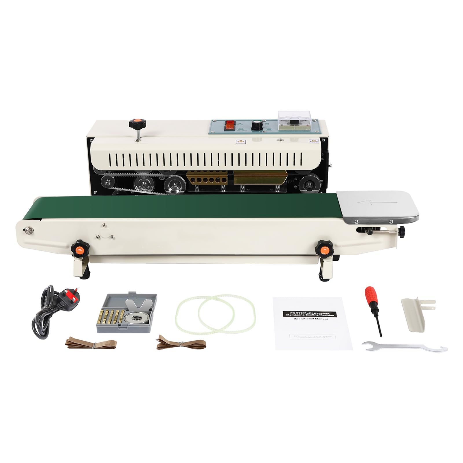 Berkalash Sellador automático de banda continua, 0-12 m/min, velocidad de sellado continuo, bolsa FR-900, se adapta a la máquina de sellado térmico de bolsas de plástico de 220 V 500 W