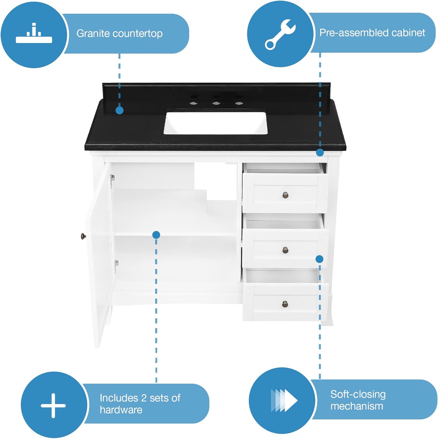 Diagram showing the components of the vanity including countertop, backsplash, cabinet, and hardware
