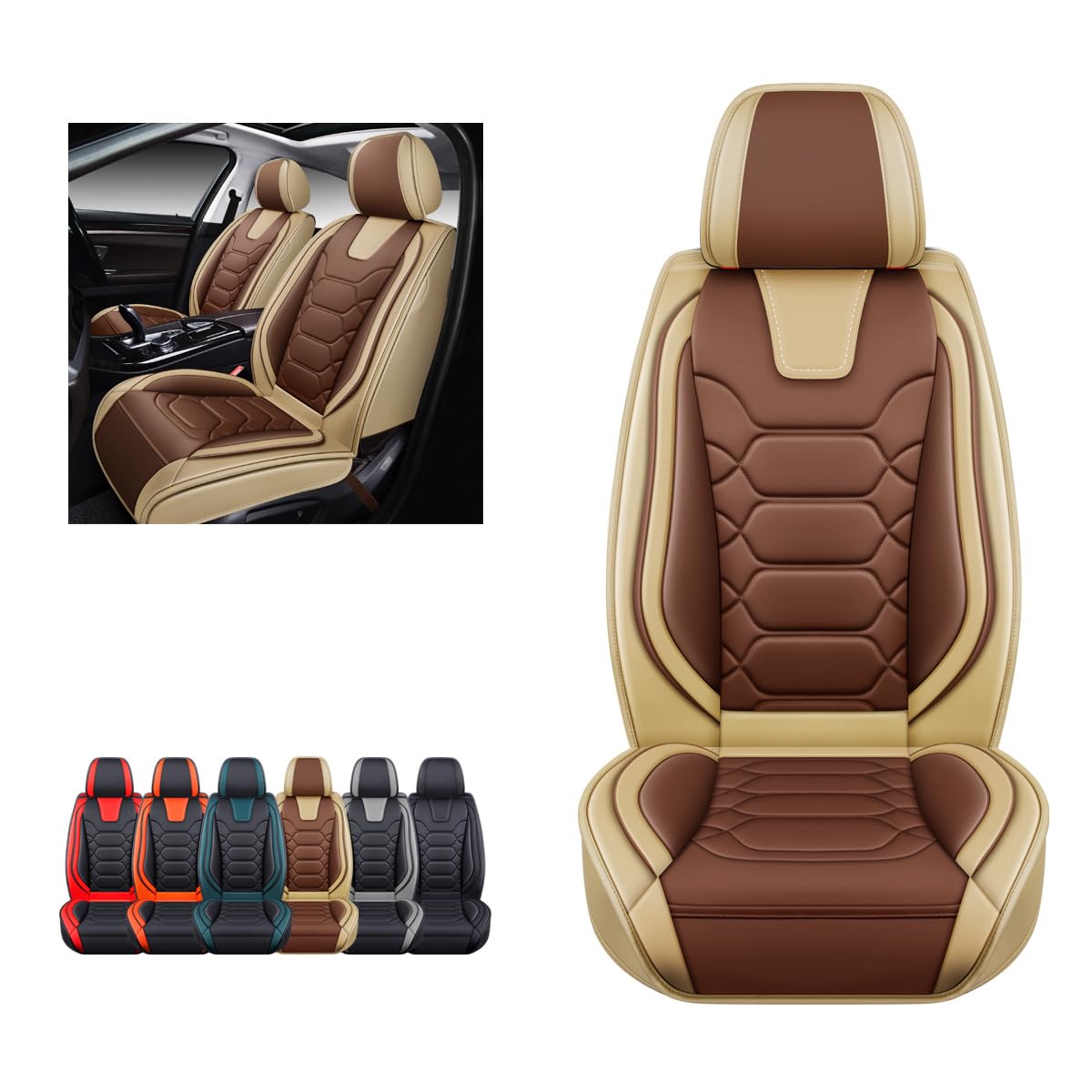 OASIS AUTO Car Seat Covers Premium Waterproof Faux Leather Cushion Universal Accessories Fit SUV Truck Sedan Automotive Vehicle Auto Interior Protector Front Pair (OD-004 Tan&Brown)
