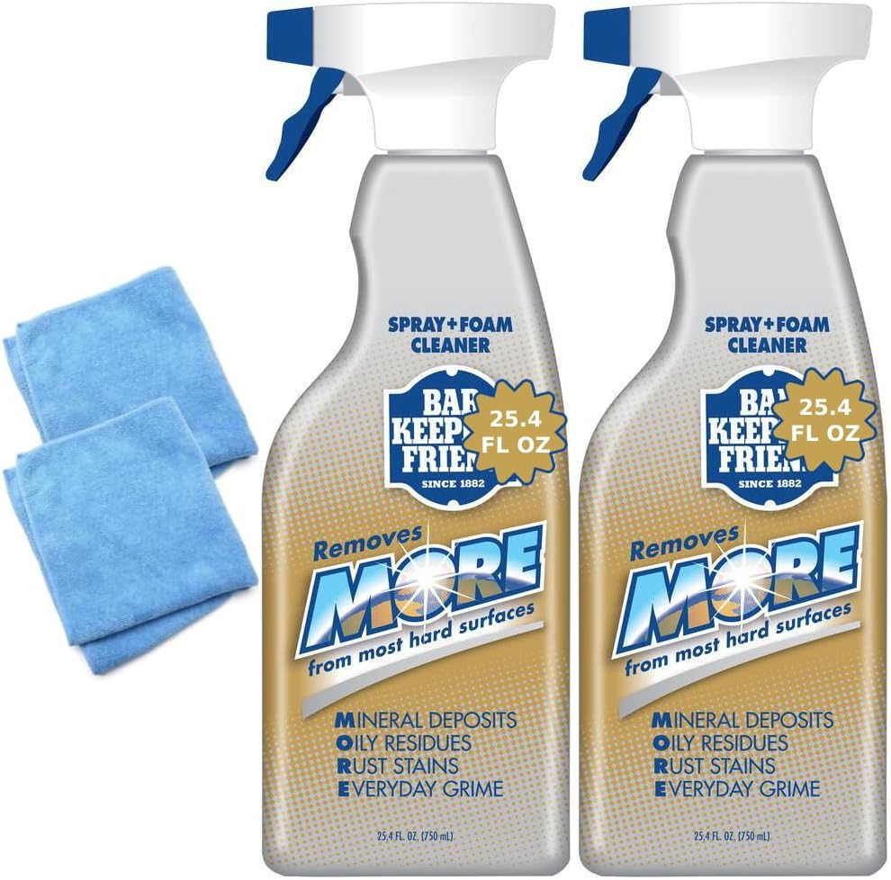 Bar-Keepers-Friend More Spray and Foam Cleaner, 25.4oz Hard Water Stain Remover + 2x Microfiber Towel - Cleans Dirt from Hard Surfaces