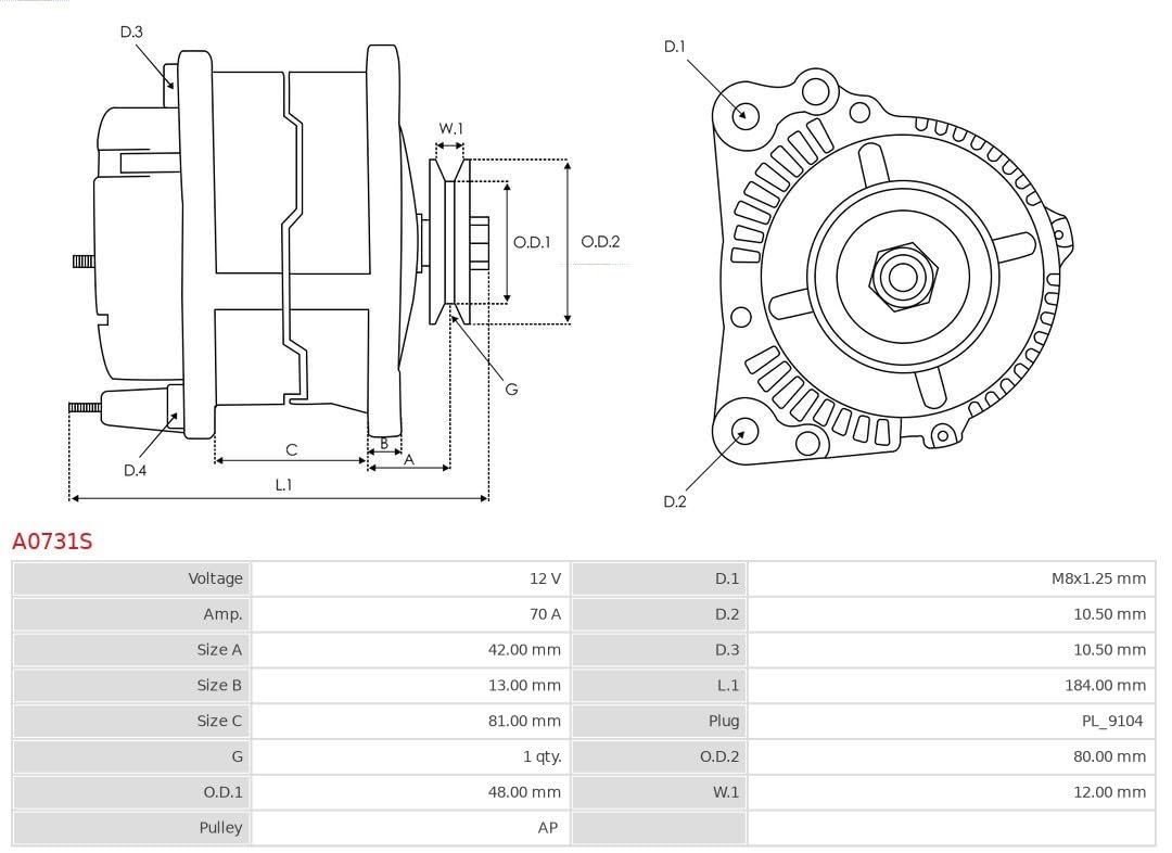 AS-PL Alternador A0731S 70A con polea Compatible con NISSAN X-TRAIL T30, FORD MAVERICK UDS, UNS
