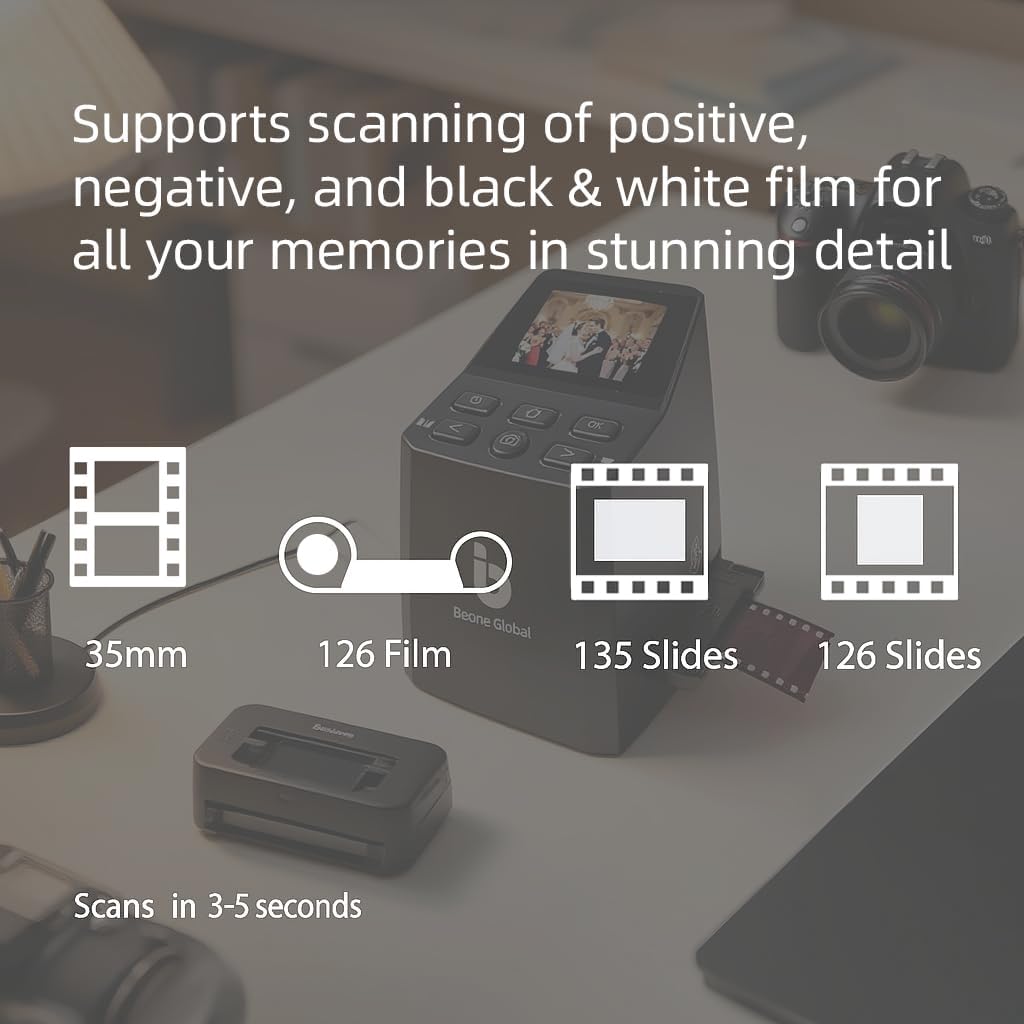 BEONEGLOBAL ClearScan MINI Film Scanner 16MP Slide & Film Scanner, Converts 35mm/135/126 Film & Slides to Digital Photos, Easy-to-Use Film Digitizer，2.31" LCD Screen