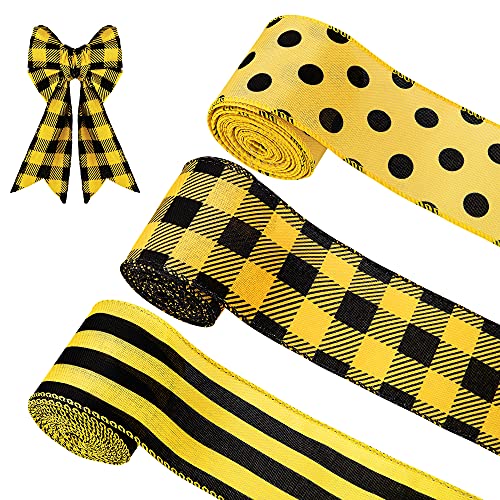 3 Pack 18 Yard Bumble Bee Ribbon Wired Polka Dot Wired Edge Ribbon Bee Vertical Stripe Craft Ribbons Decorative Ribbons for Wrapping Party Decoration Hair Bows Crafting and Sewing